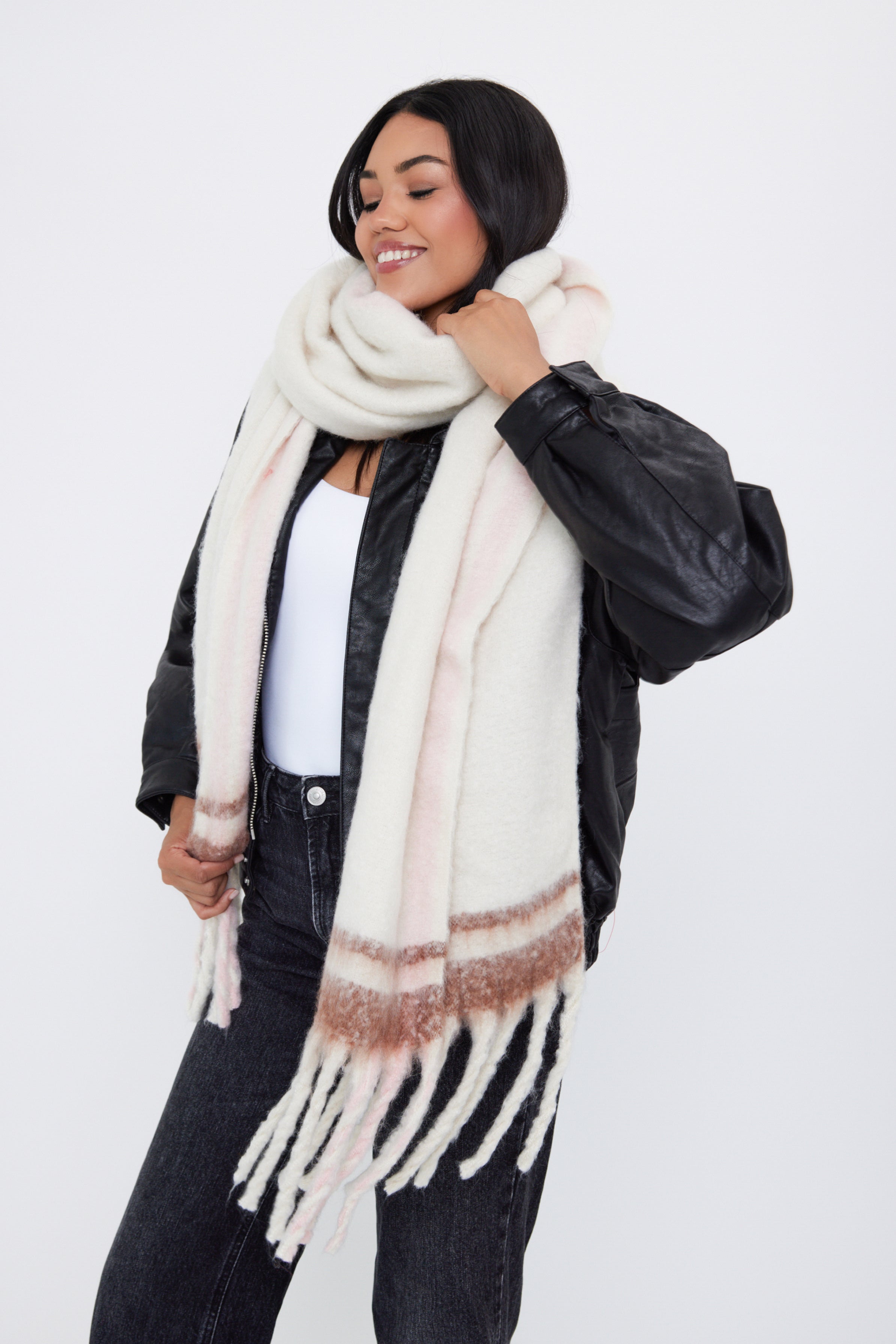 Woman's Oversized Chunky Blanket Scarf with Stripe Detail in Cream, Brown and Pink