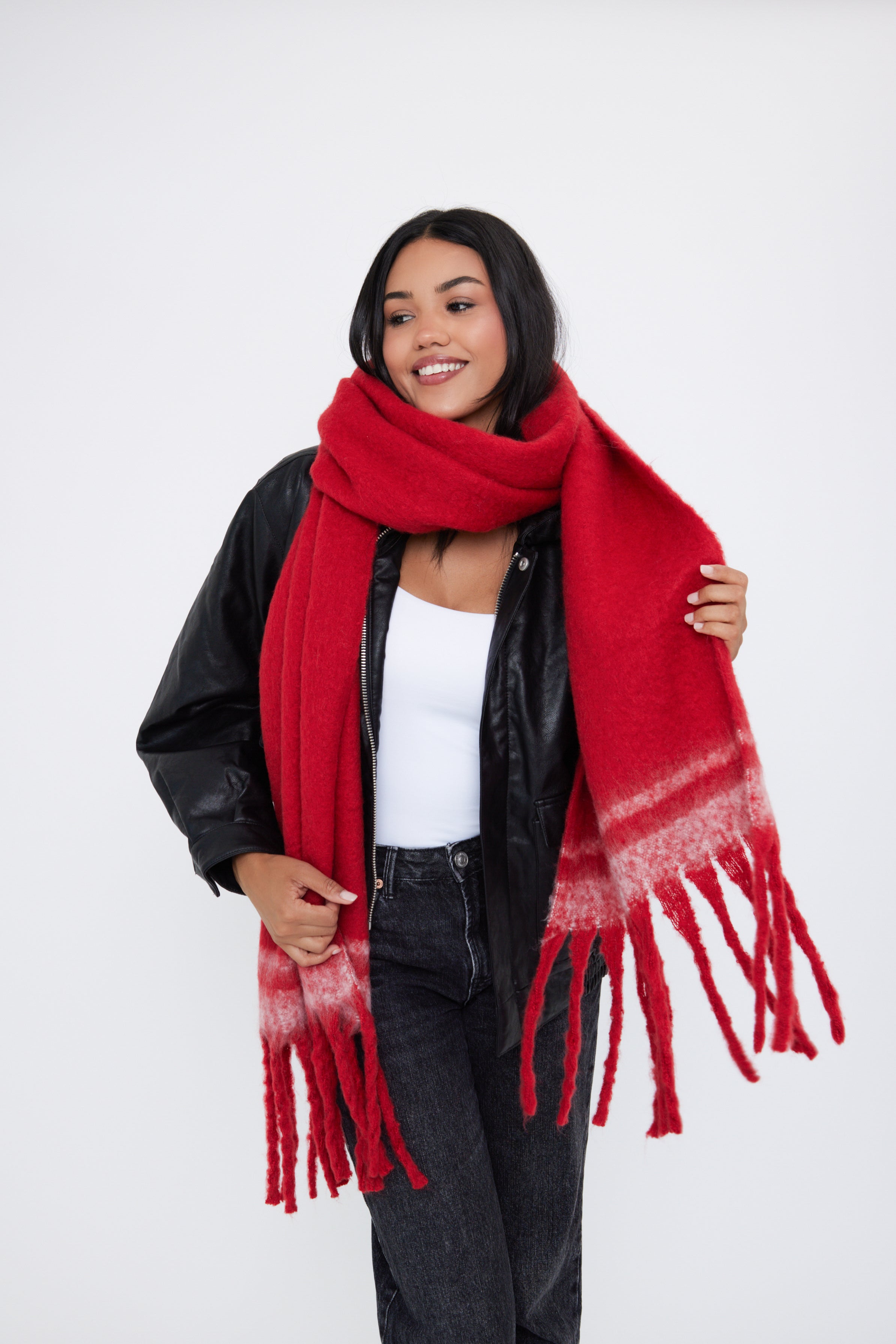 Woman's Oversized Chunky Blanket Scarf with Stripe Detail in Red and White
