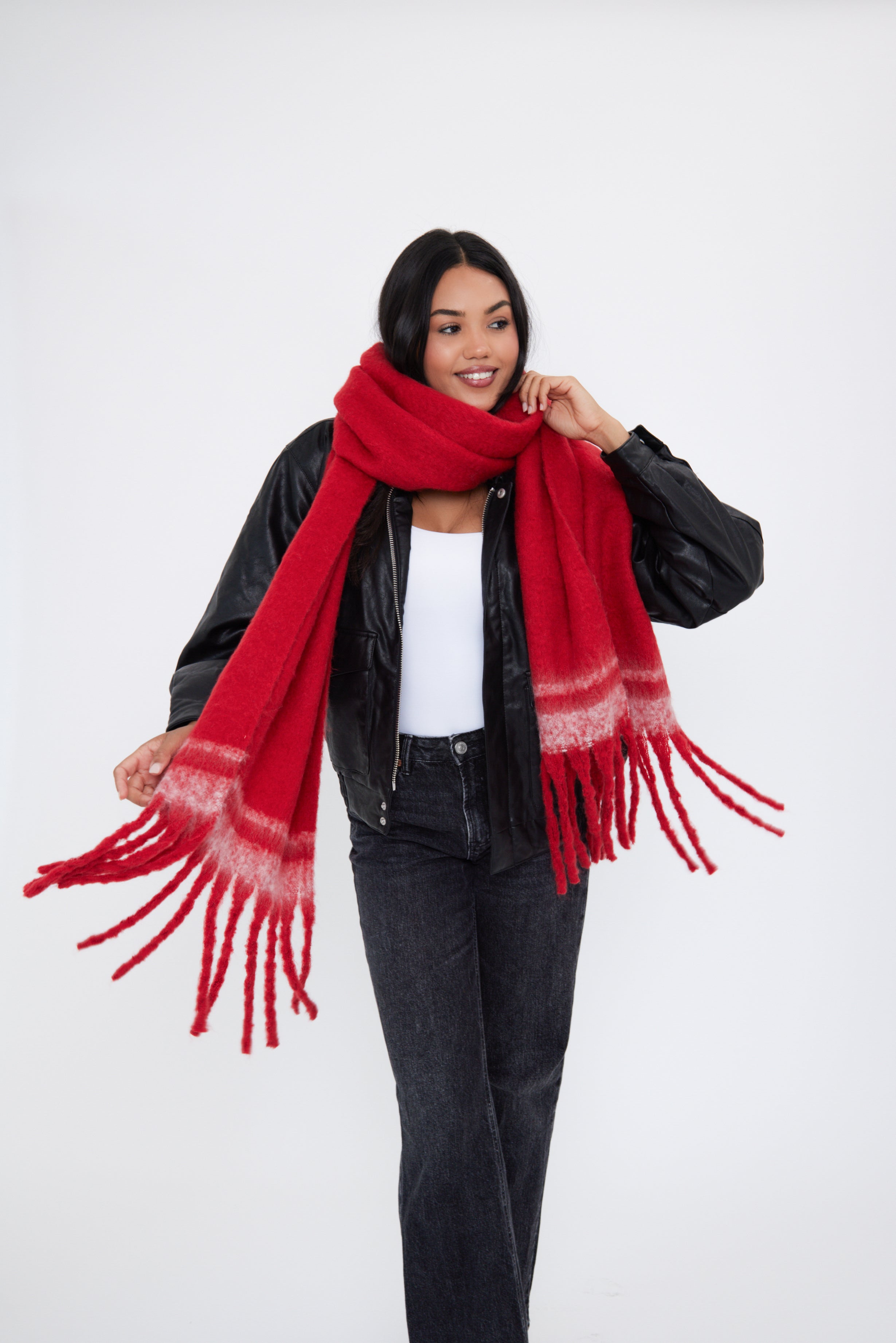 Woman's Oversized Chunky Blanket Scarf with Stripe Detail in Red and White