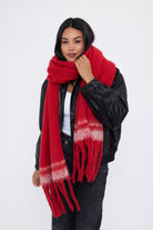 Woman's Oversized Chunky Blanket Scarf with Stripe Detail in Red and White