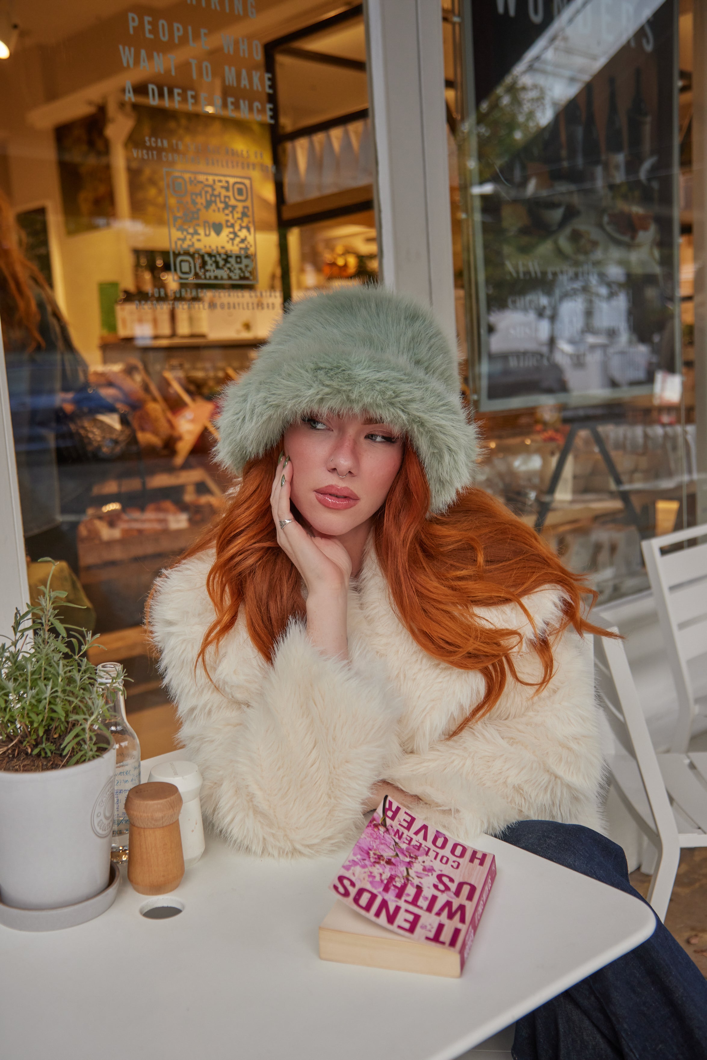 Women's Oversized Fur Bucket Hat in Mint Green
