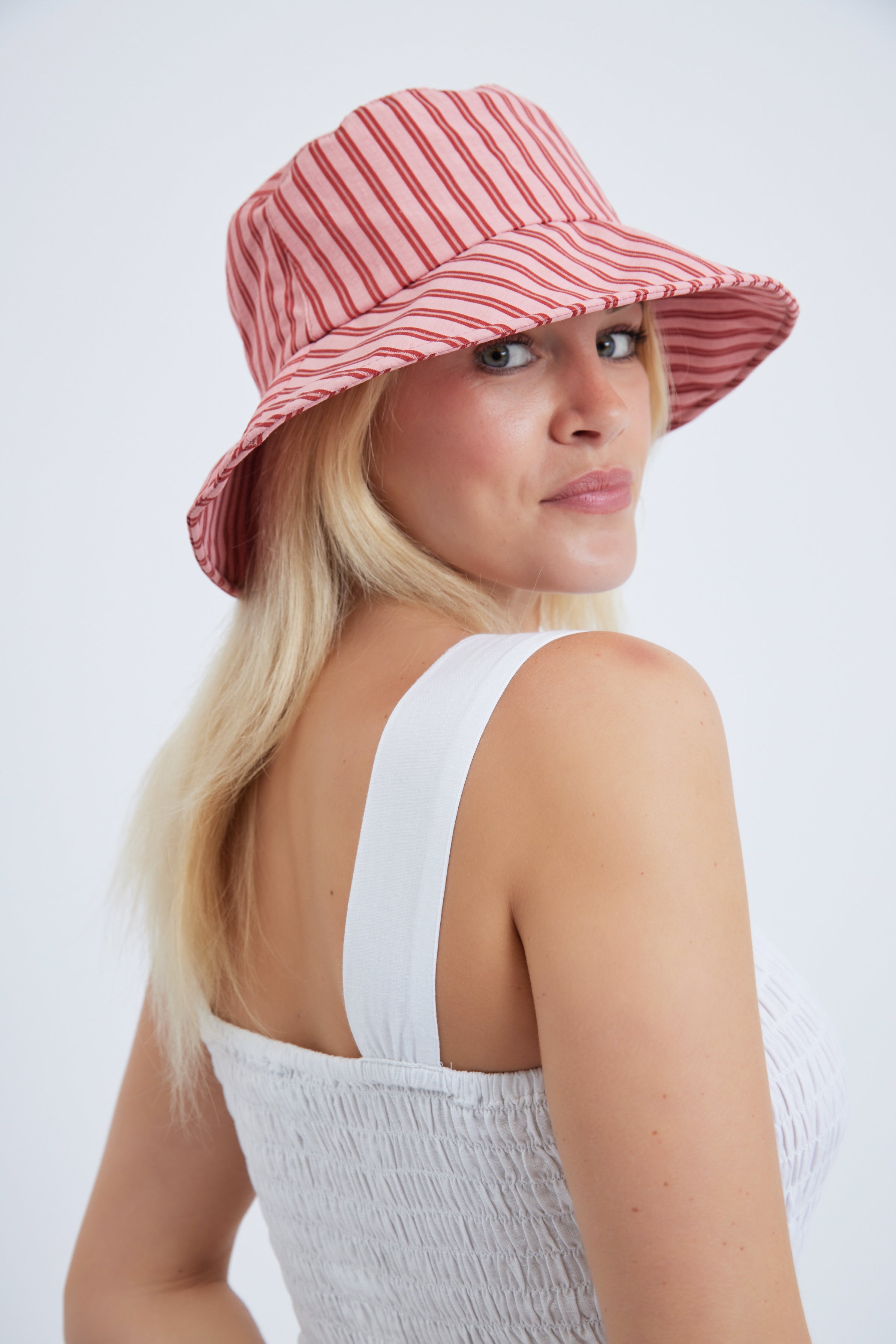 Women’s Bucket Hat in Pink and Red Stripes