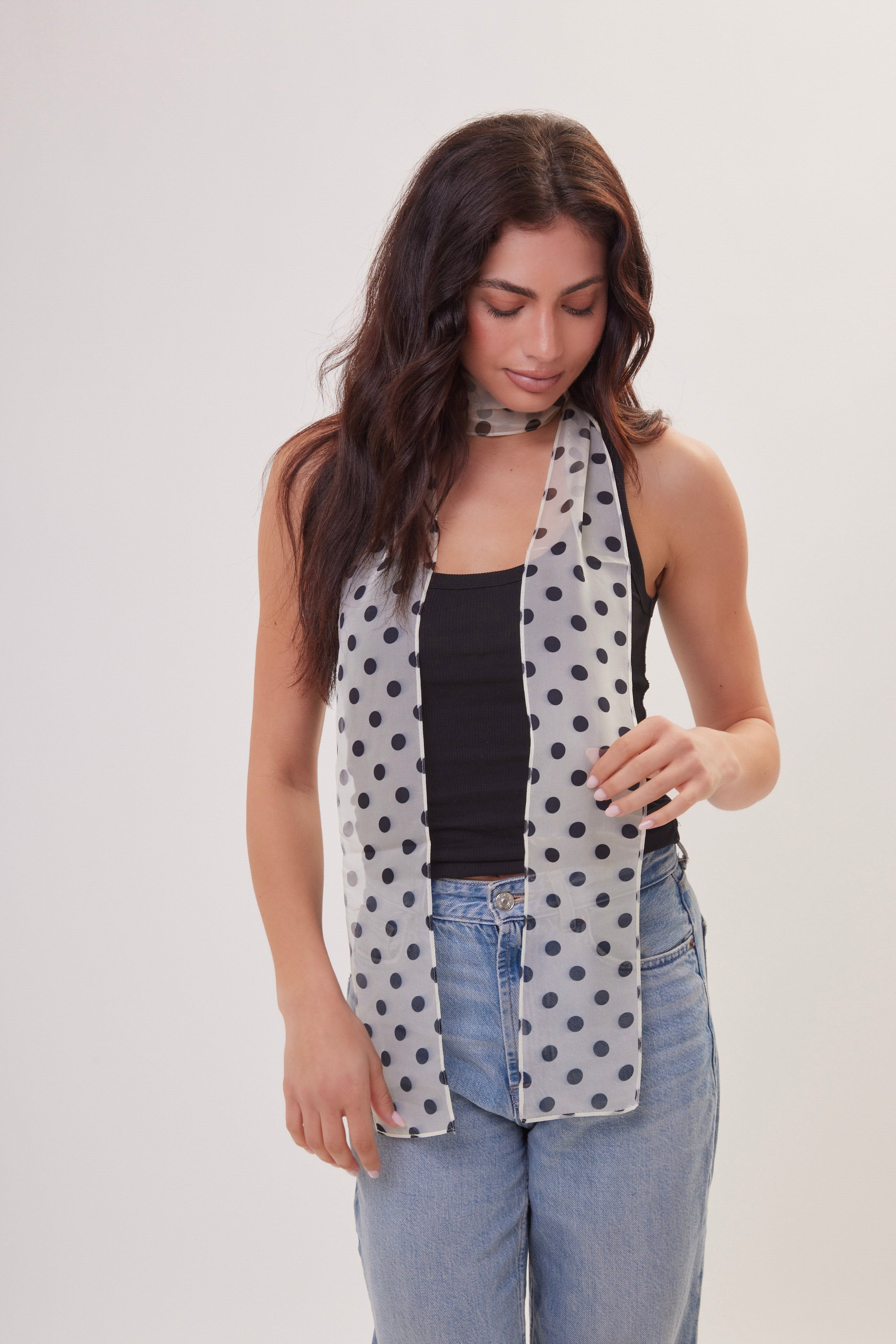 Woman's Polka Dot Chiffon Scarf in Cream and Black