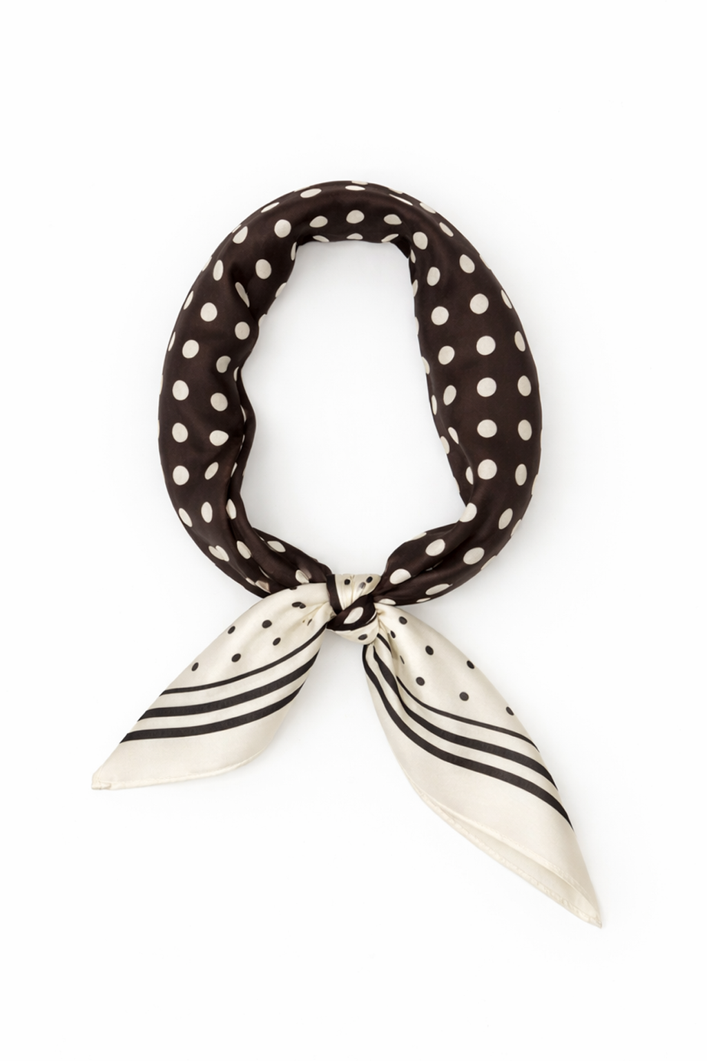 Brown and cream polka dot scarf with a striped edge on a white background