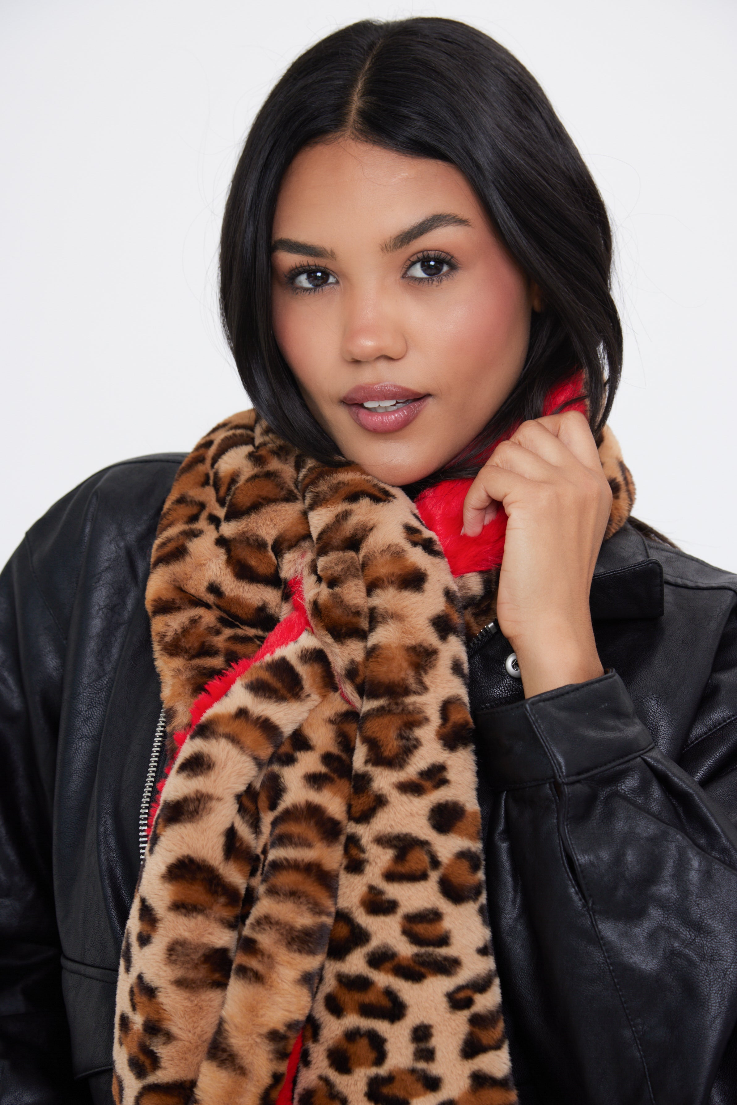 Woman's Reversible Fur Leopard and Red Scarf