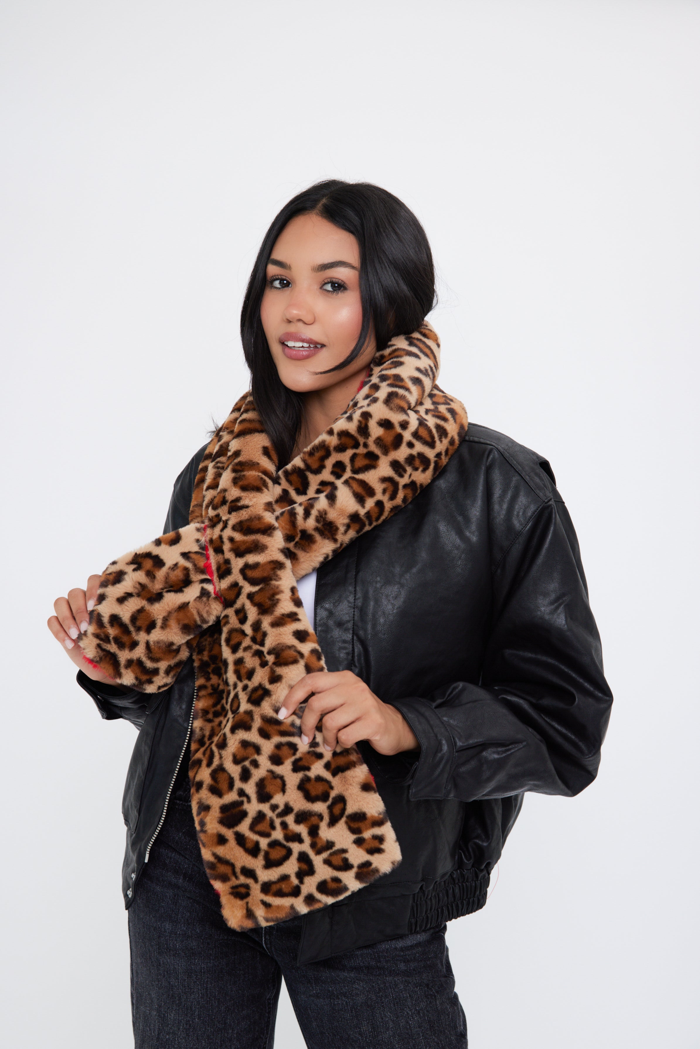 Woman's Reversible Fur Leopard and Red Scarf