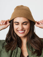 Woman's Ribbed Knitted Beanie in Camel
