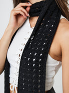 Woman's Skinny Crochet Knit Scarf in Black