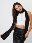 Woman's Skinny Crochet Knit Scarf in Black