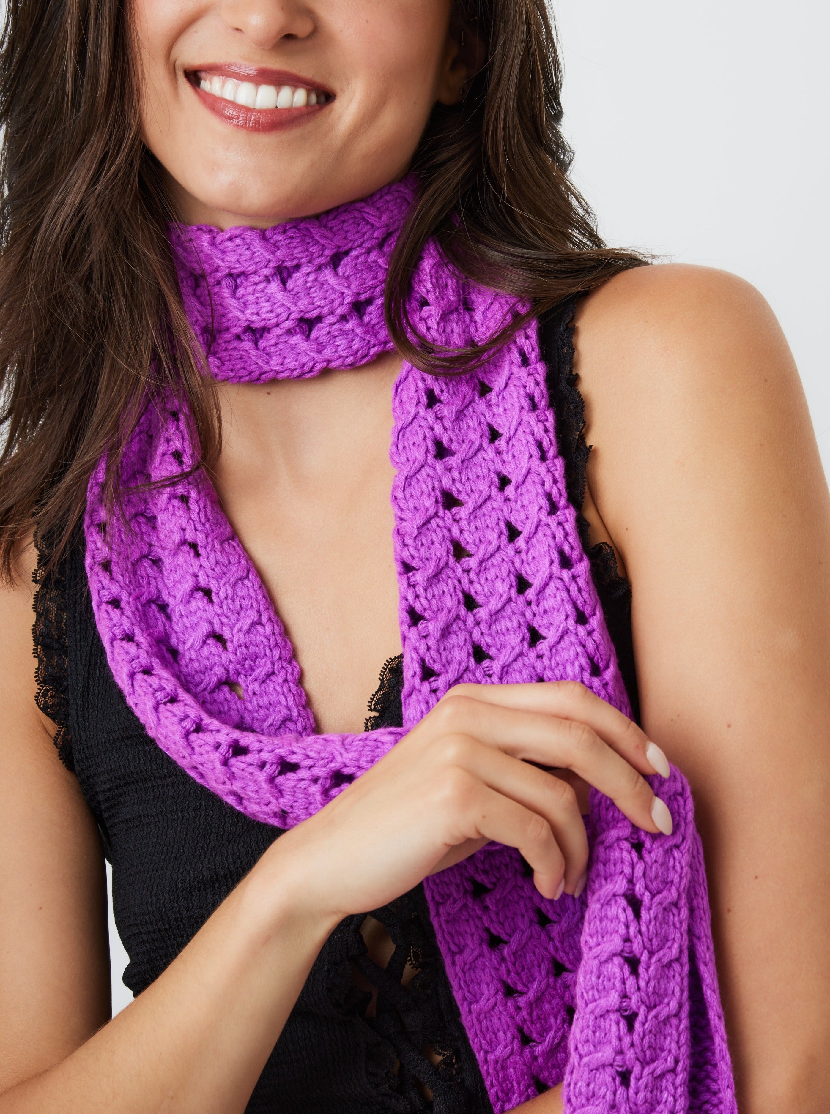 Woman's Skinny Crochet Knit Scarf in Purple