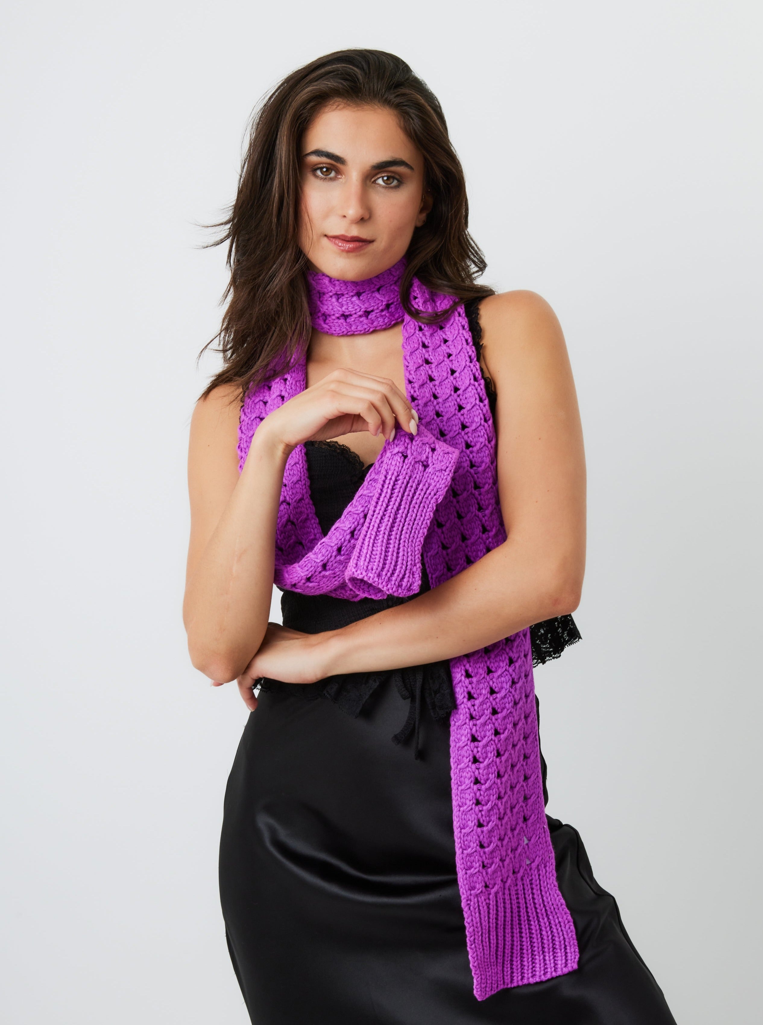 Woman's Skinny Crochet Knit Scarf in Purple