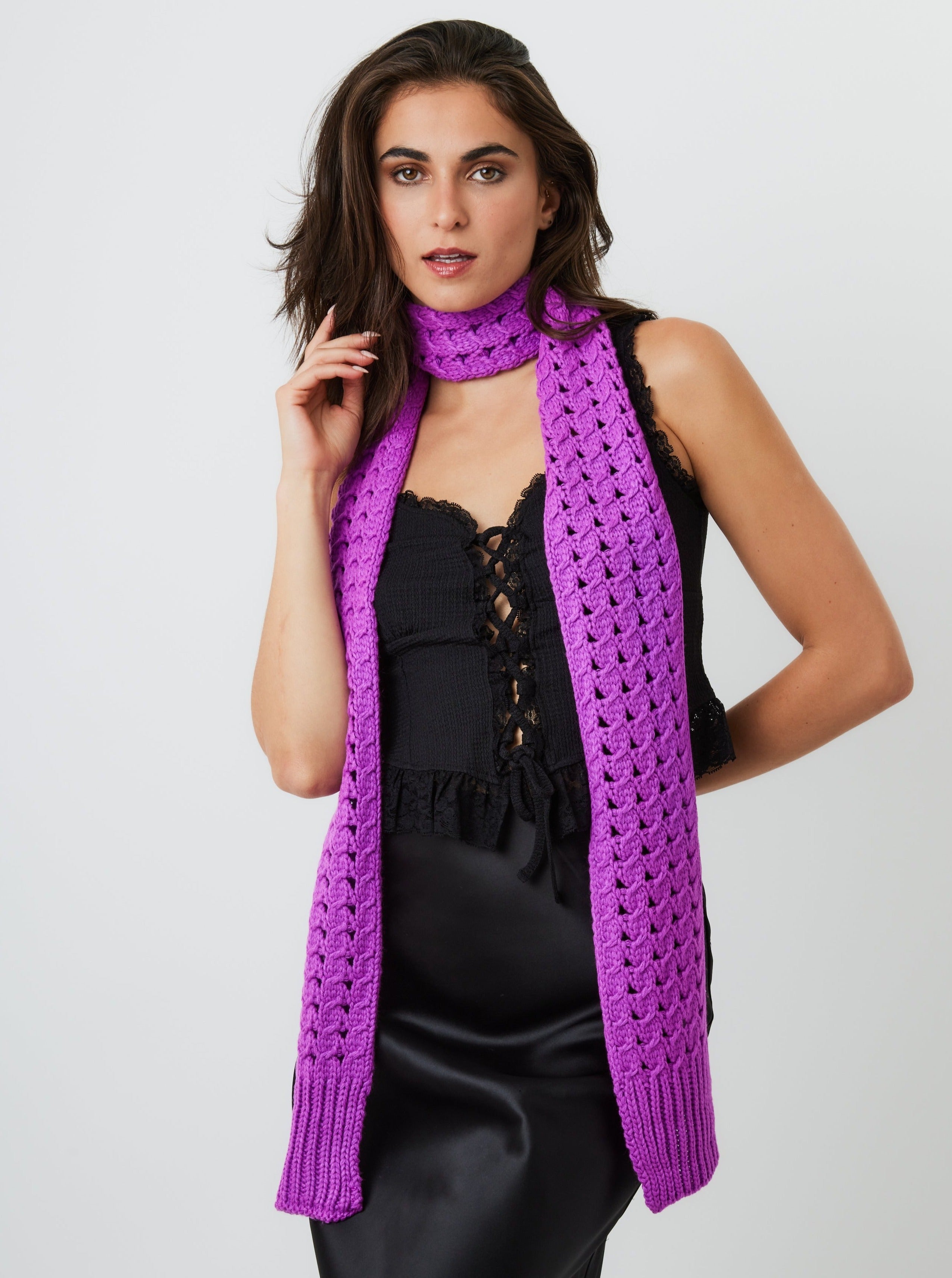 Woman's Skinny Crochet Knit Scarf in Purple