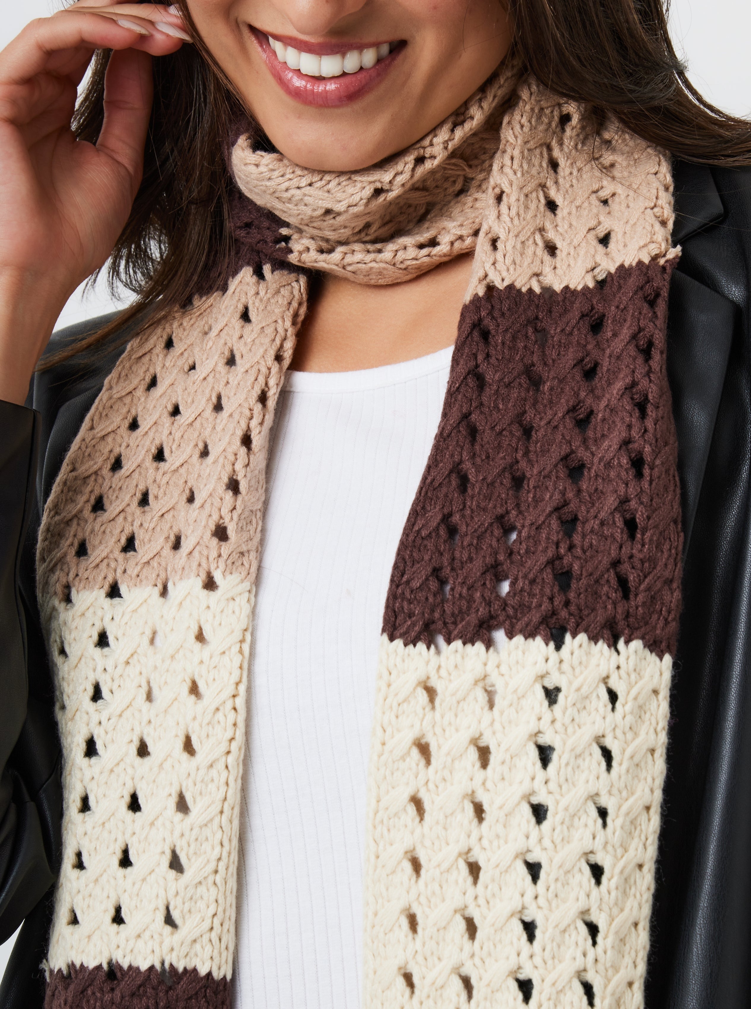 Woman's Skinny Striped Knitted Scarf in Brown
