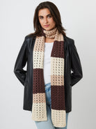 Woman's Skinny Striped Knitted Scarf in Brown