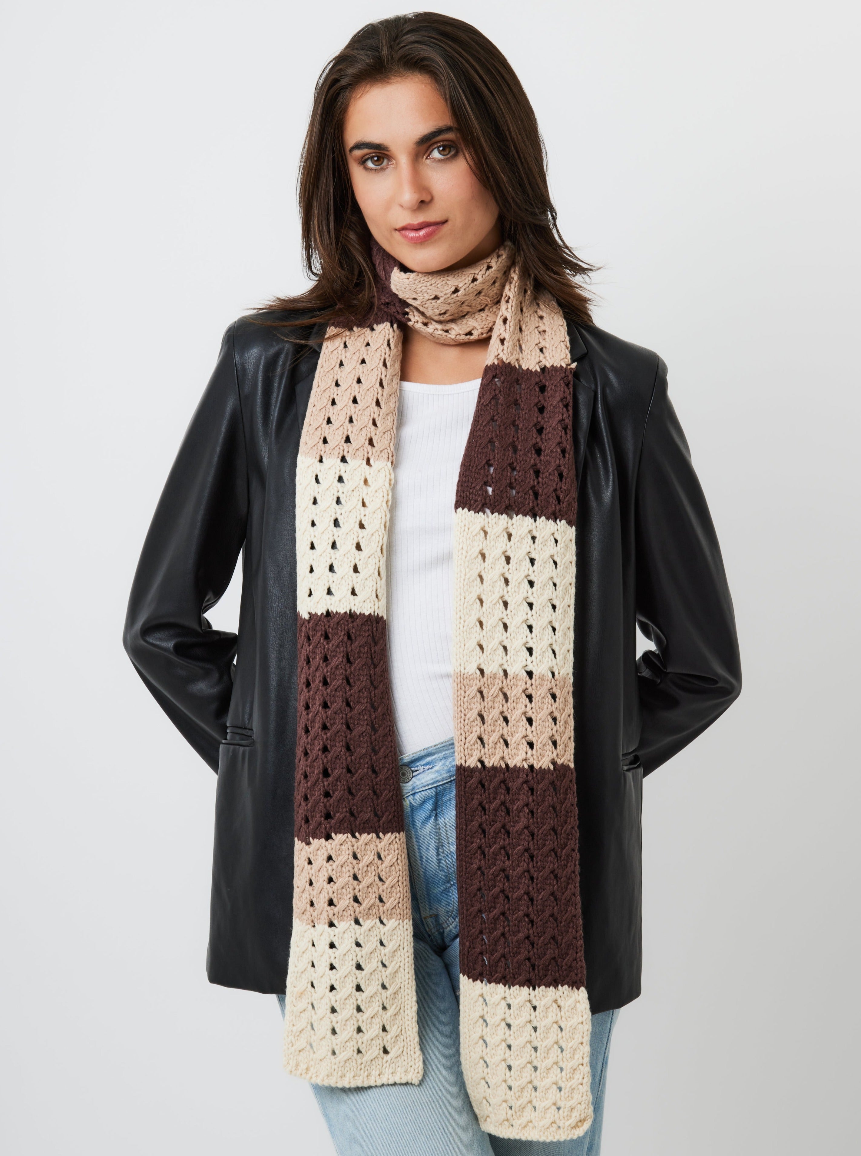 Woman's Skinny Striped Knitted Scarf in Brown