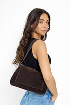 Women's Soft Slouchy Shoulder Bag with Flap Dark Brown Suede