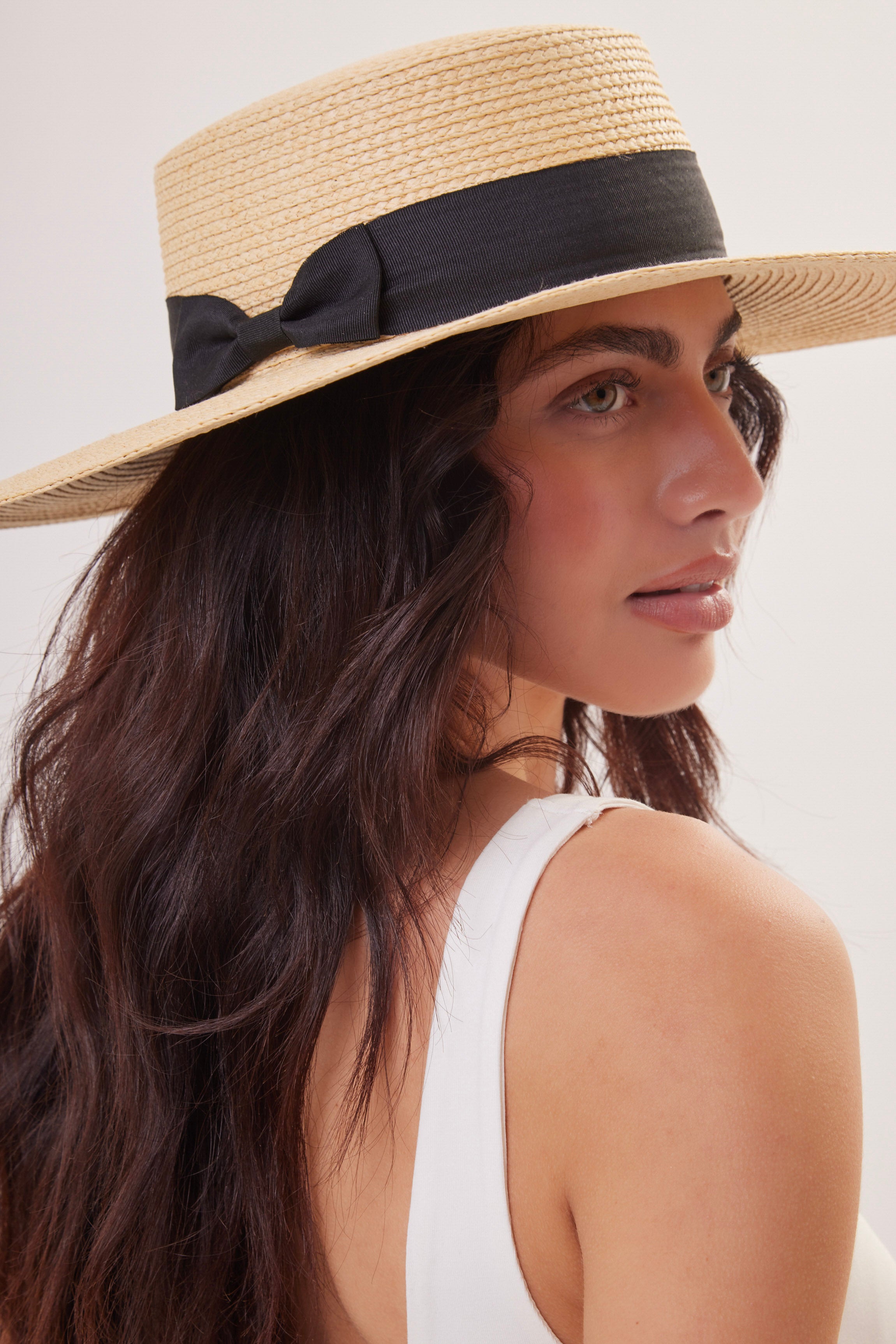 Woman's Straw Boater Hat with Black Ribbon Trim