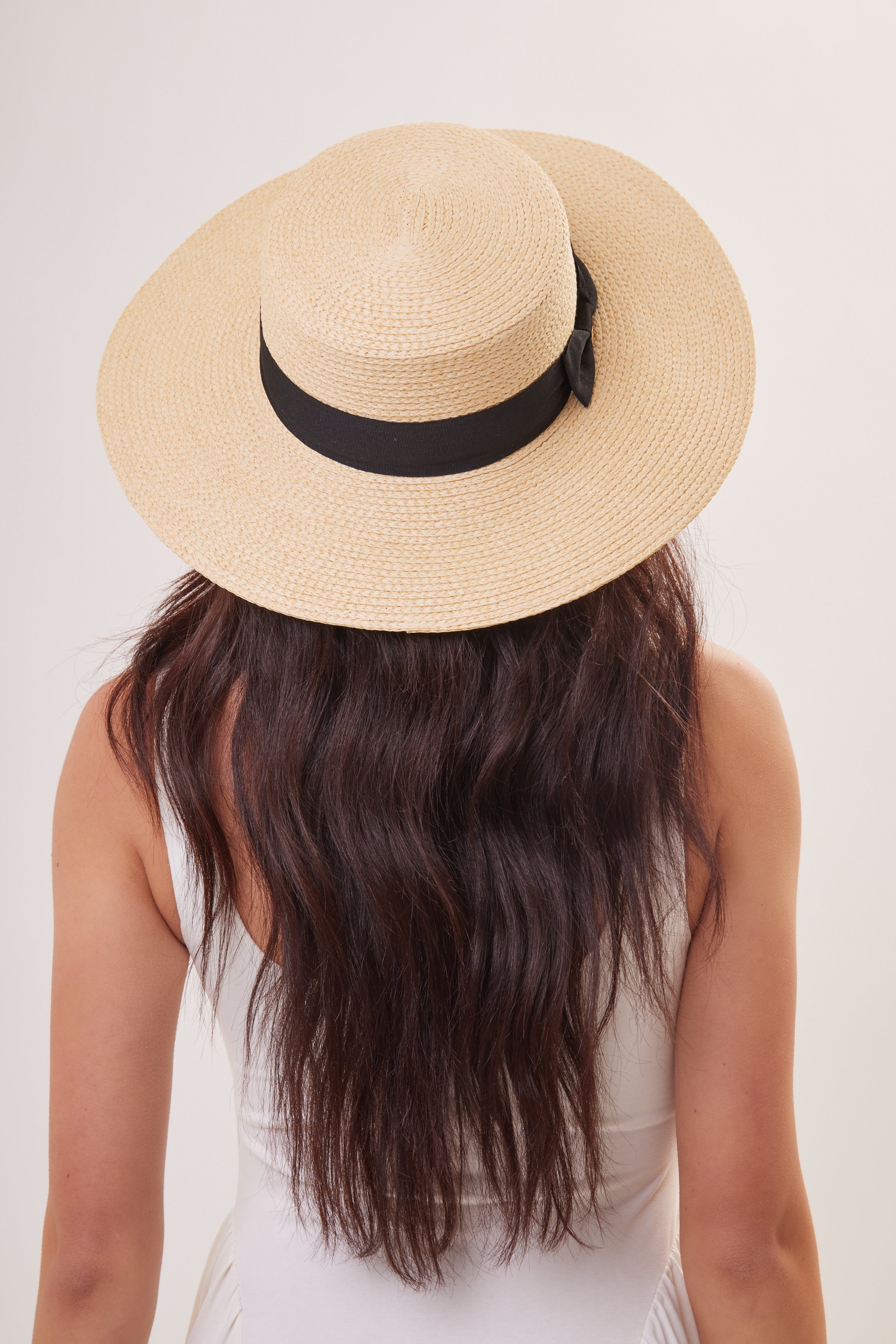 Woman's Straw Boater Hat with Black Ribbon Trim