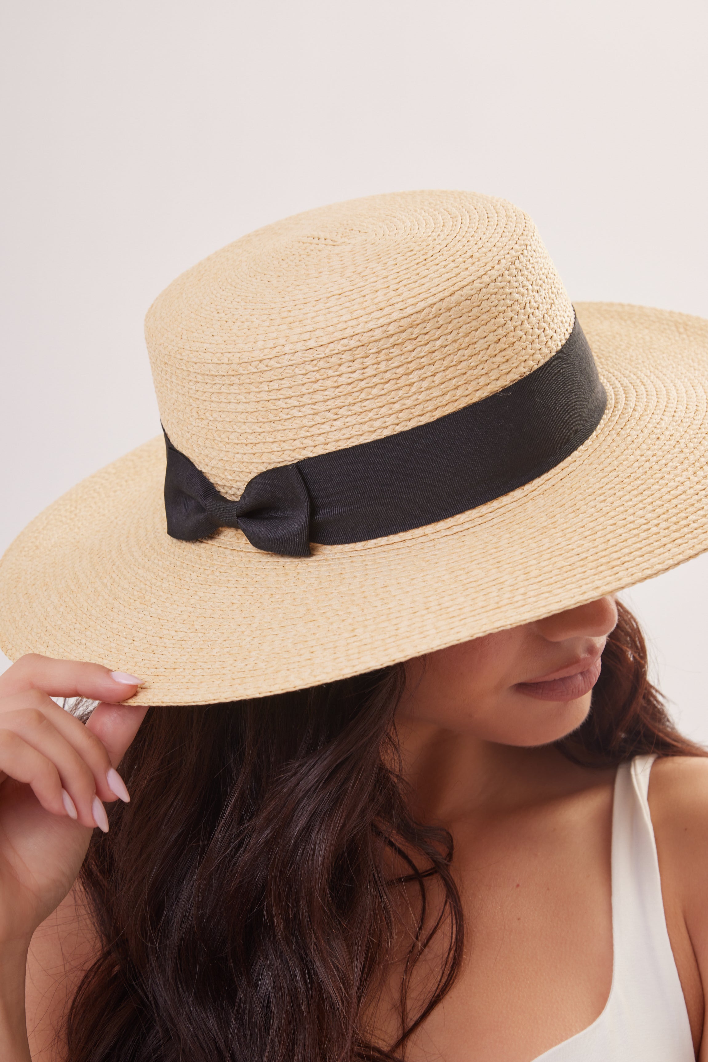 Woman's Straw Boater Hat with Black Ribbon Trim