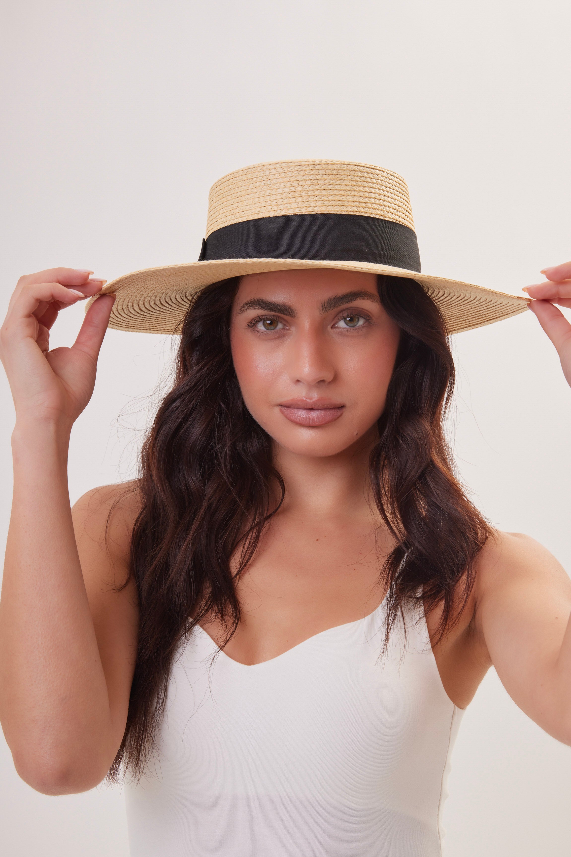 Woman's Straw Boater Hat with Black Ribbon Trim