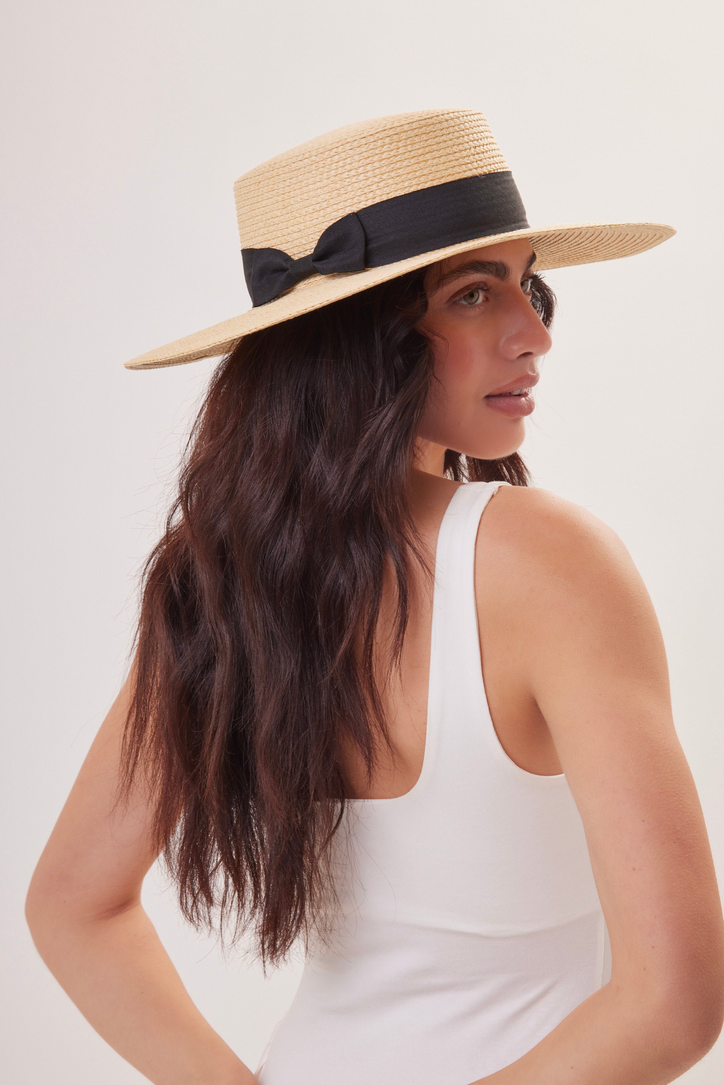 Woman's Straw Boater Hat with Black Ribbon Trim