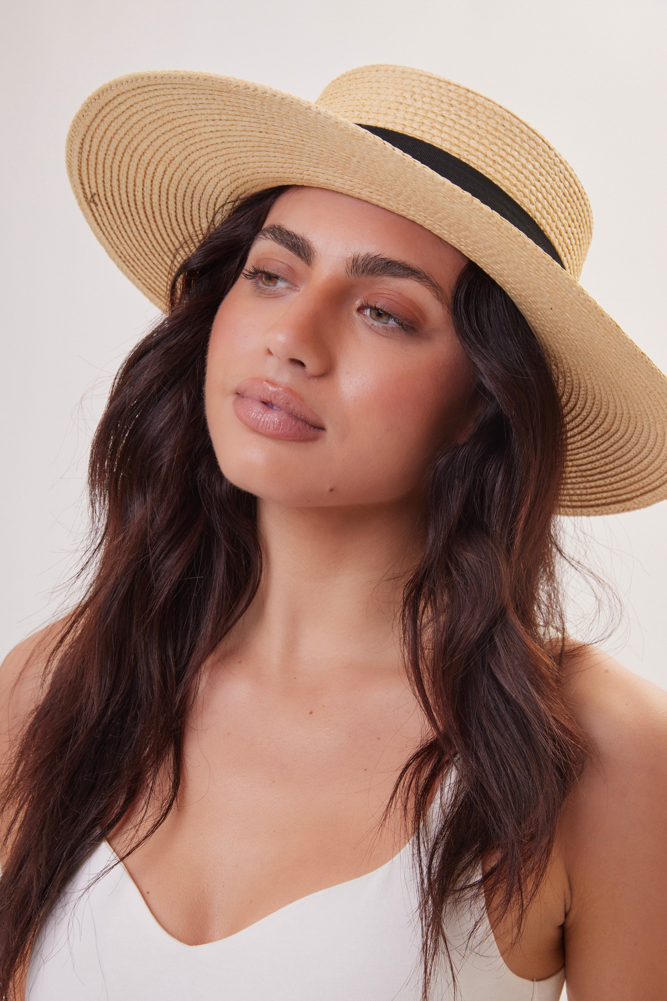 Woman's Straw Boater Hat with Black Ribbon Trim