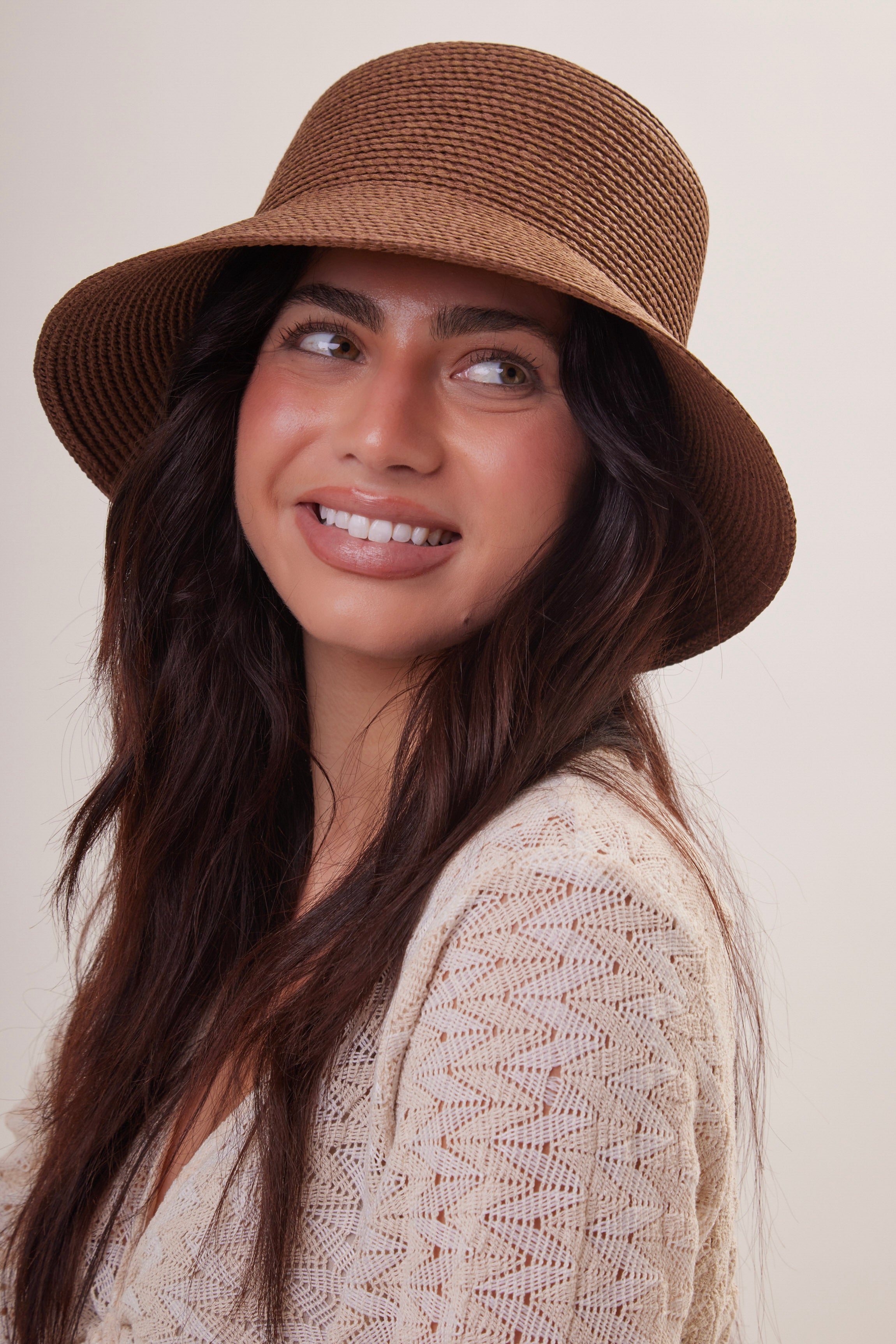 Woman's Straw Bucket Hat in Dark Brown 