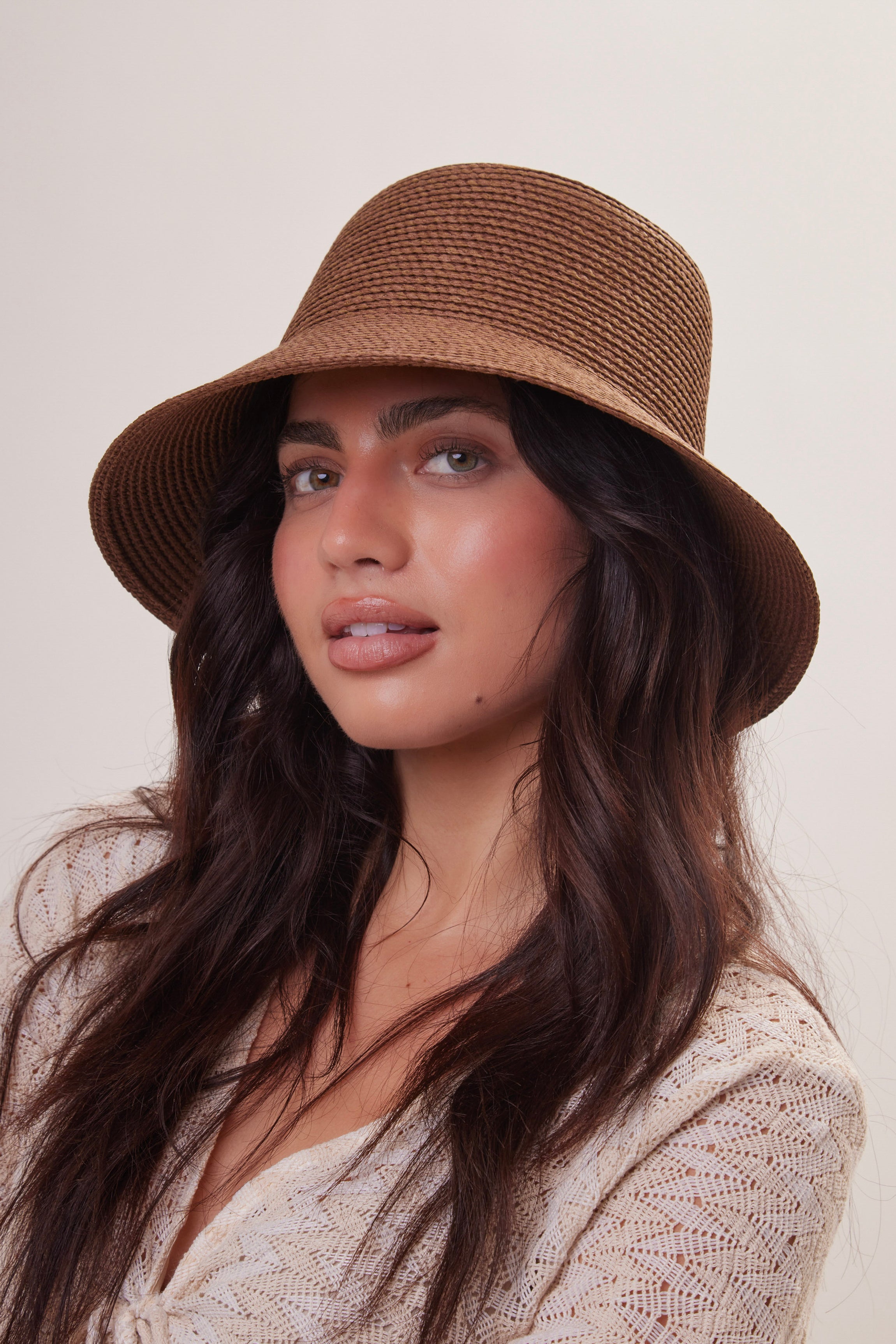 Woman's Straw Bucket Hat in Dark Brown 