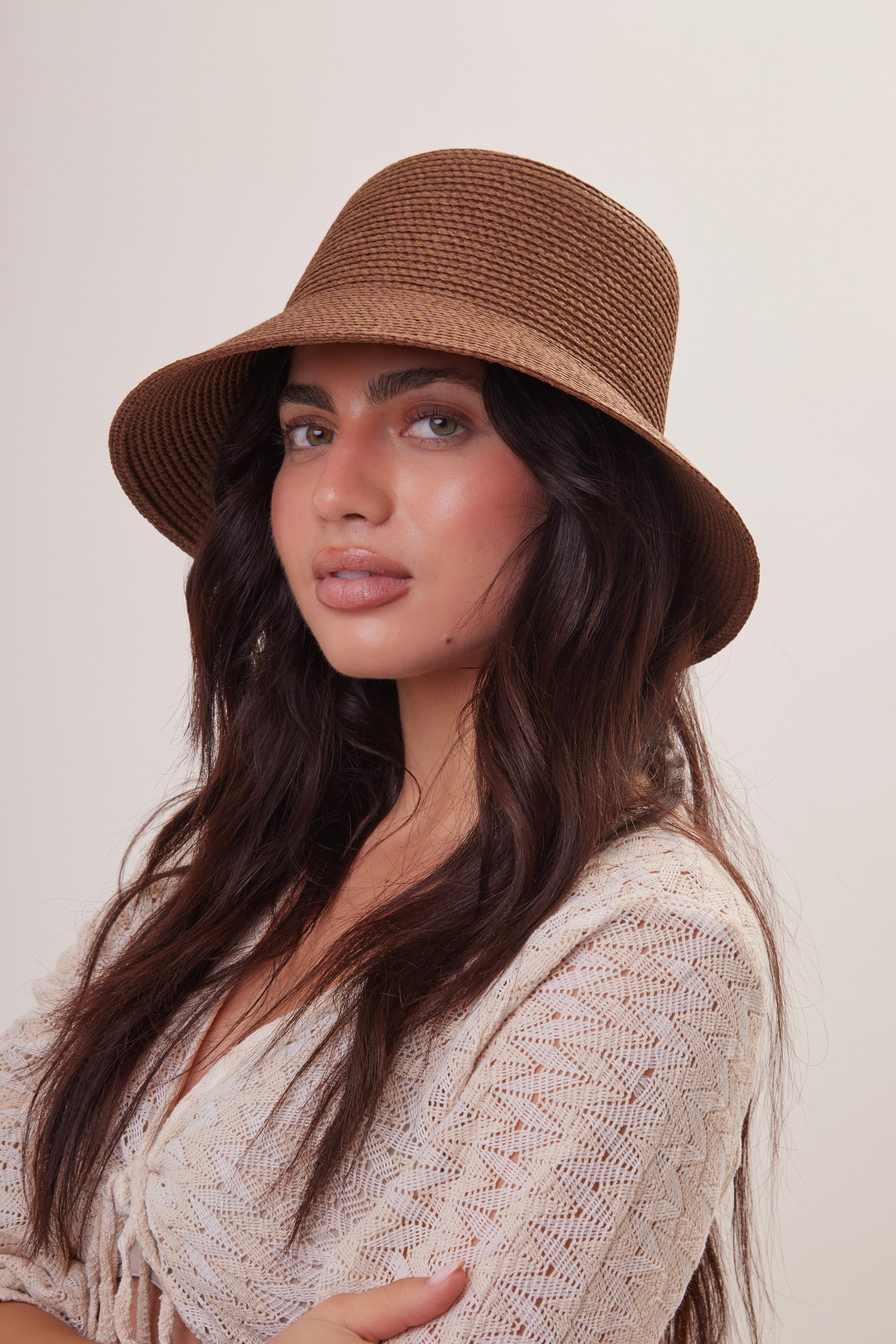 Woman's Straw Bucket Hat in Dark Brown 