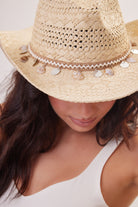 Woman's Straw Cowboy Hat in Beige with Shell Trim
