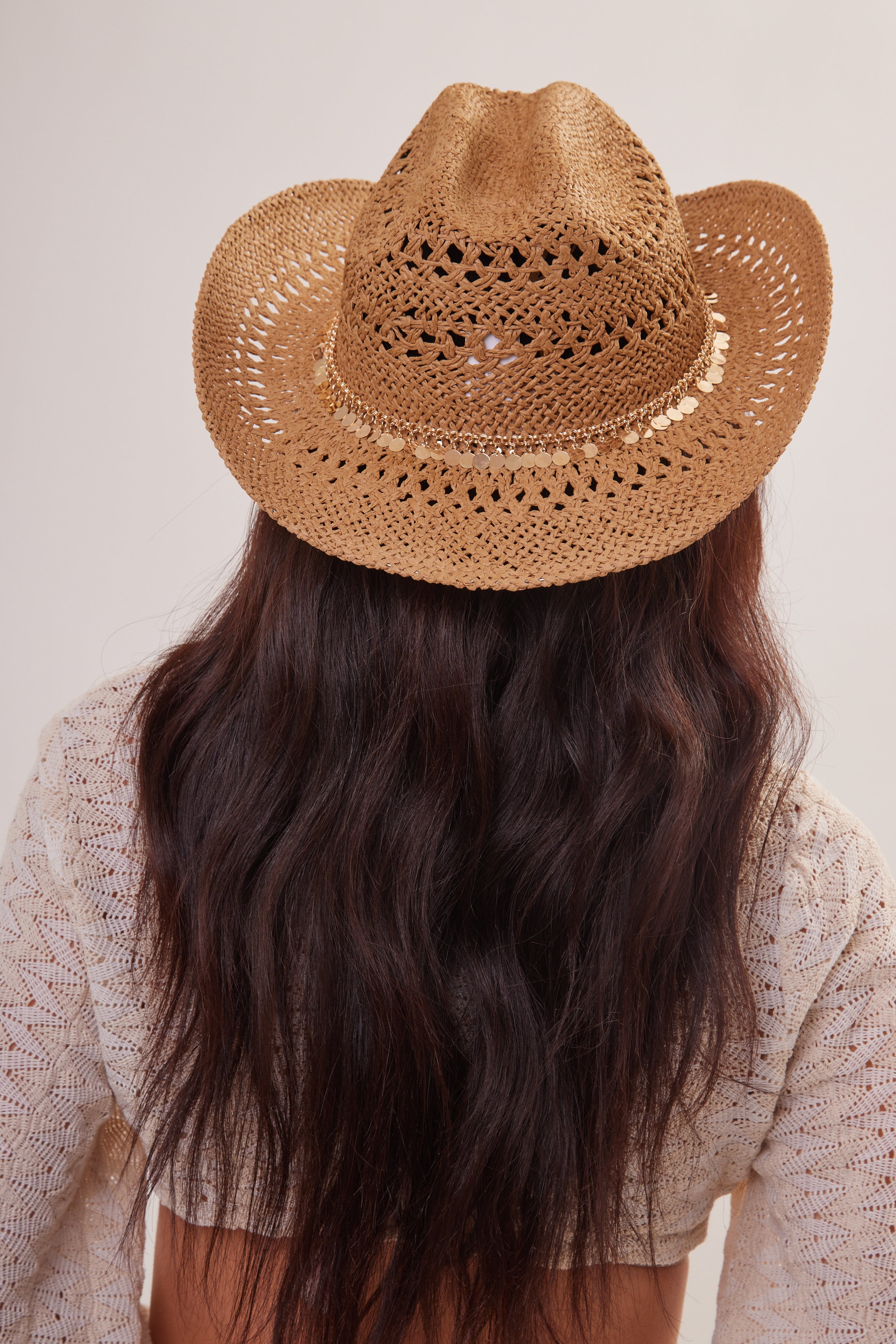 Woman's Straw Cowboy Hat in Brown with Gold Coin Trim