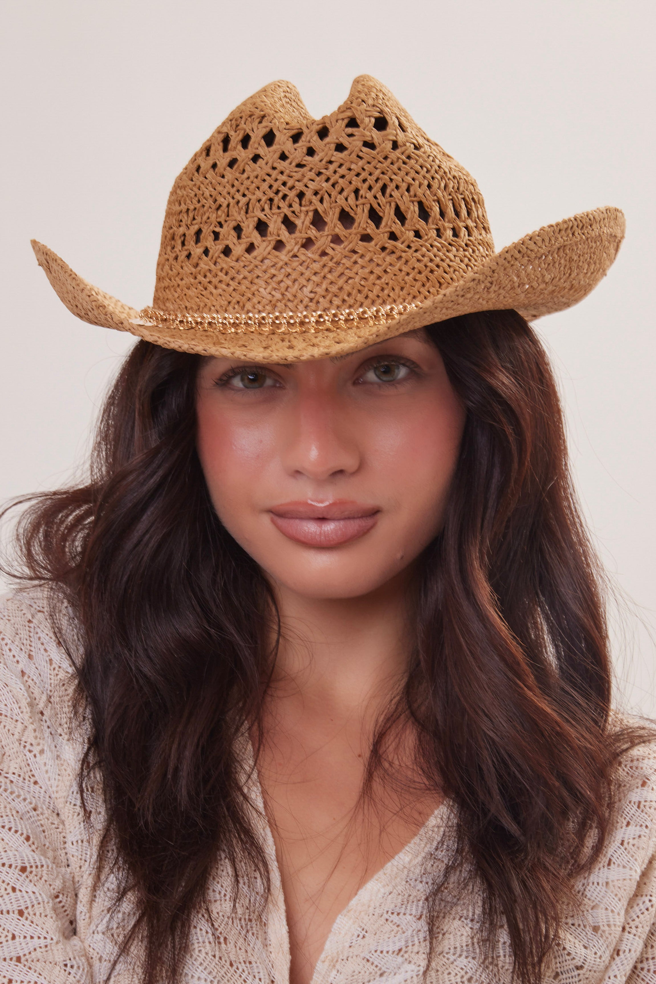 Woman's Straw Cowboy Hat in Brown with Gold Coin Trim