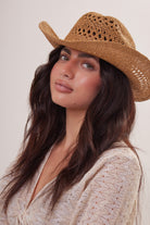 Woman's Straw Cowboy Hat in Brown with Gold Coin Trim