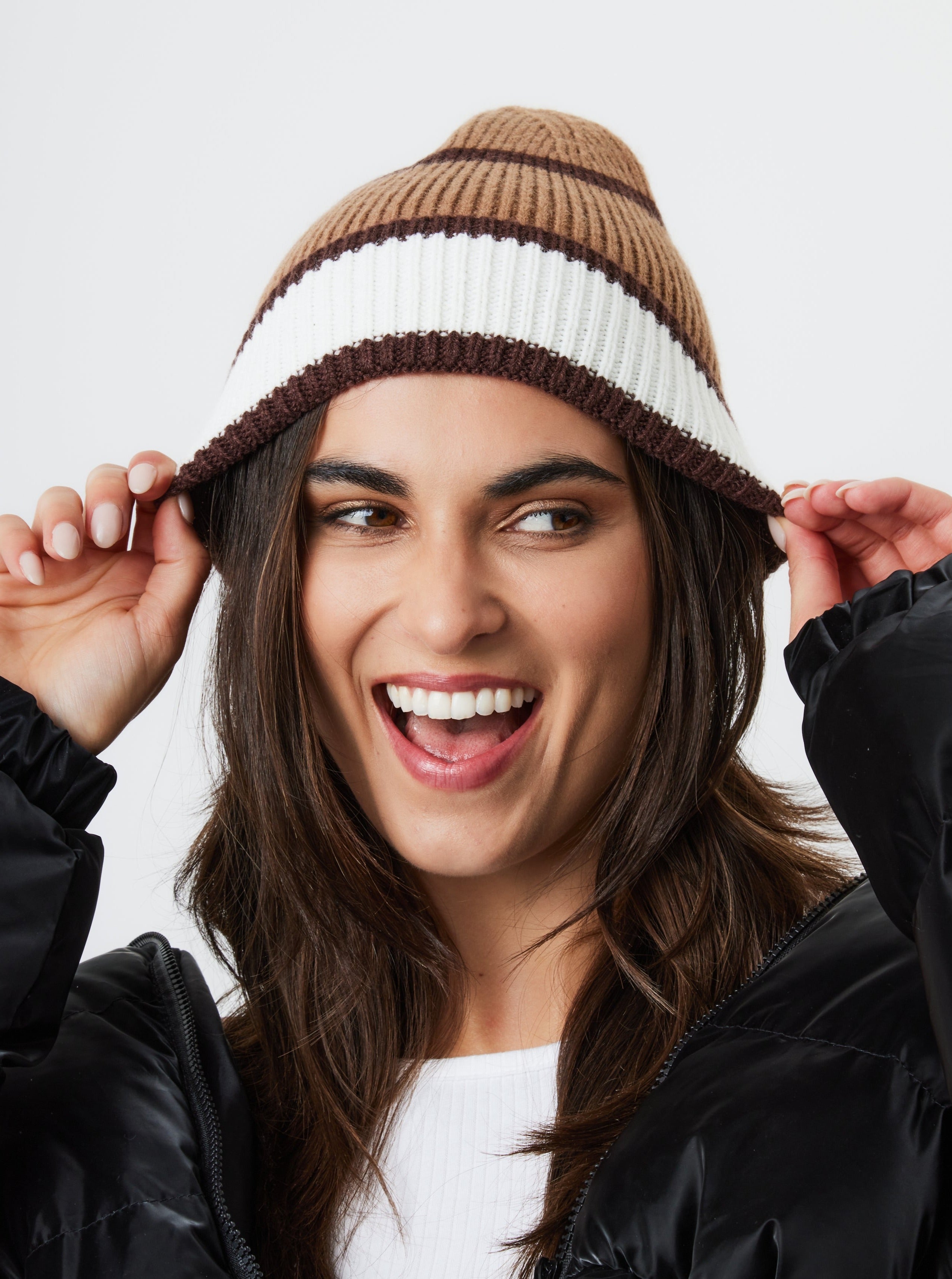 Woman's Stripe Beanie in Brown