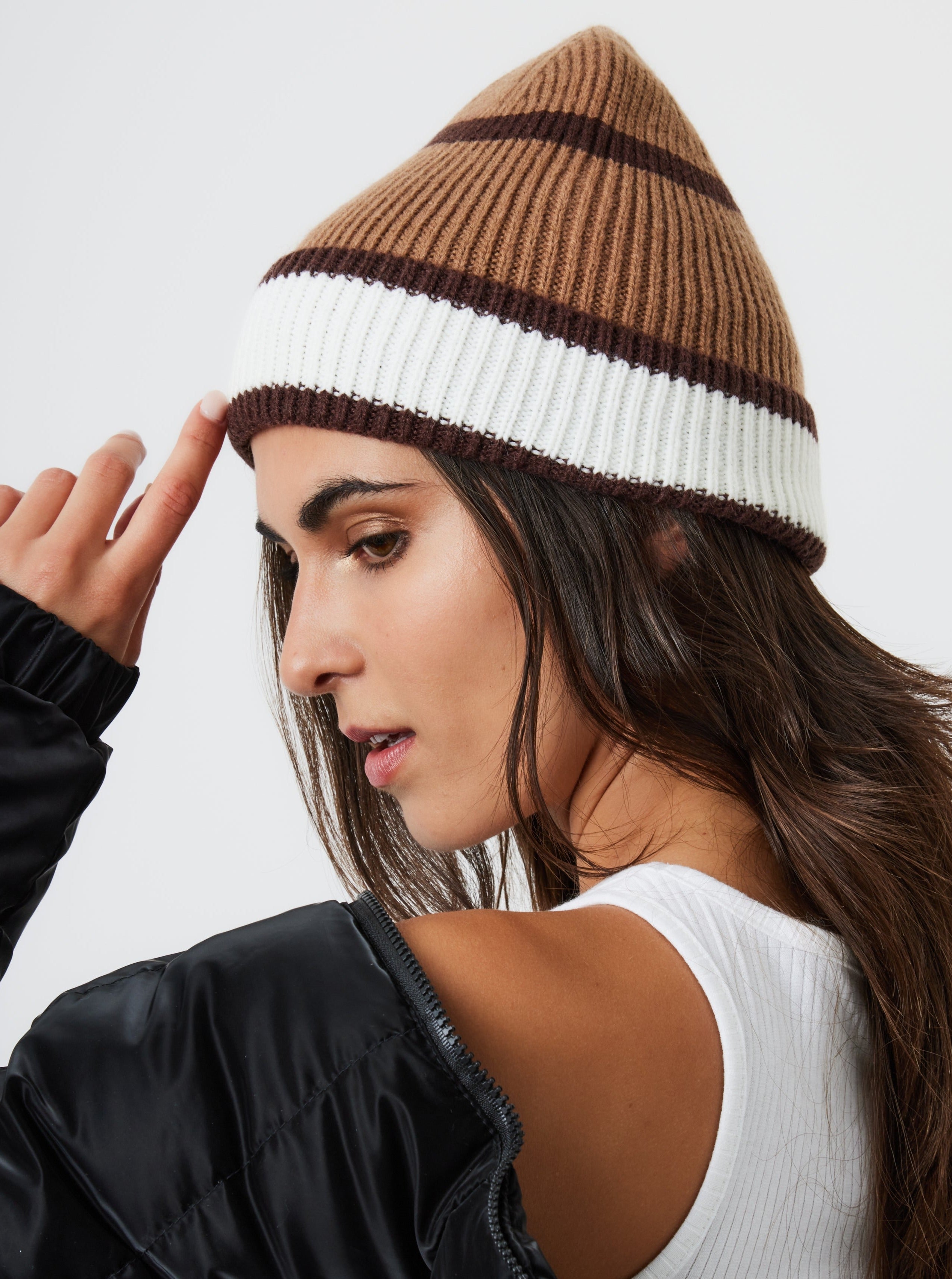 Woman's Stripe Beanie in Brown