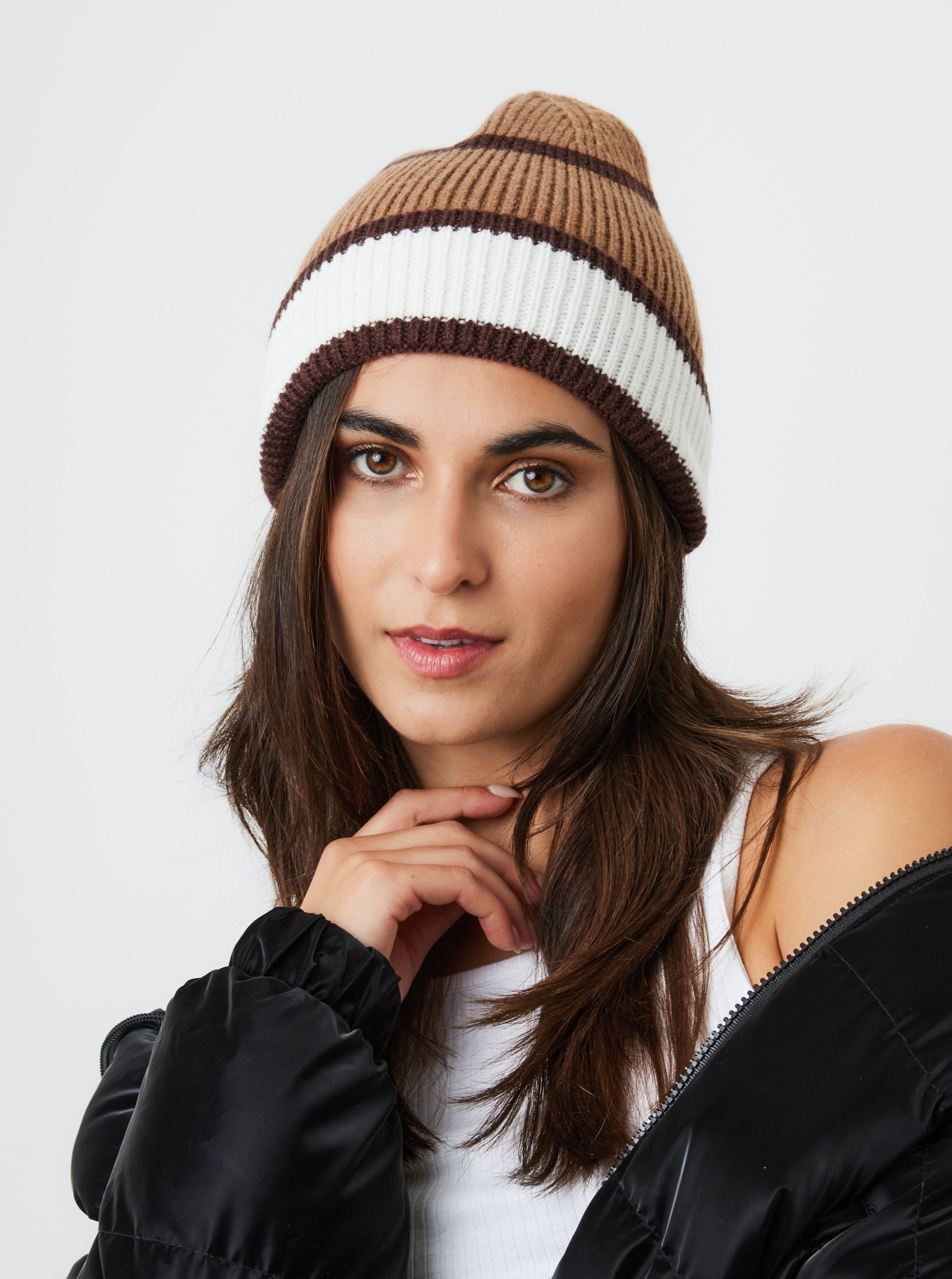Woman's Stripe Beanie in Brown