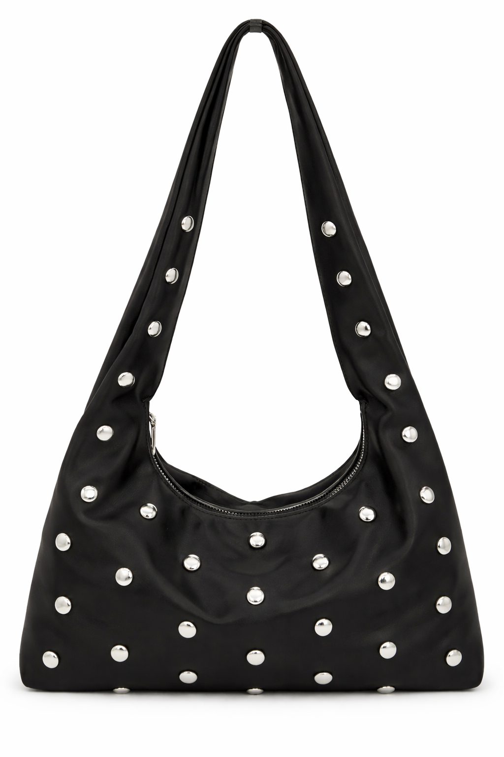 Black handbag with silver studs on a white background