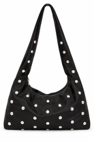 Black handbag with silver studs on a white background