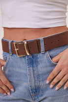 Women's Suede Belt with Rectangle Buckle in Brown and Gold