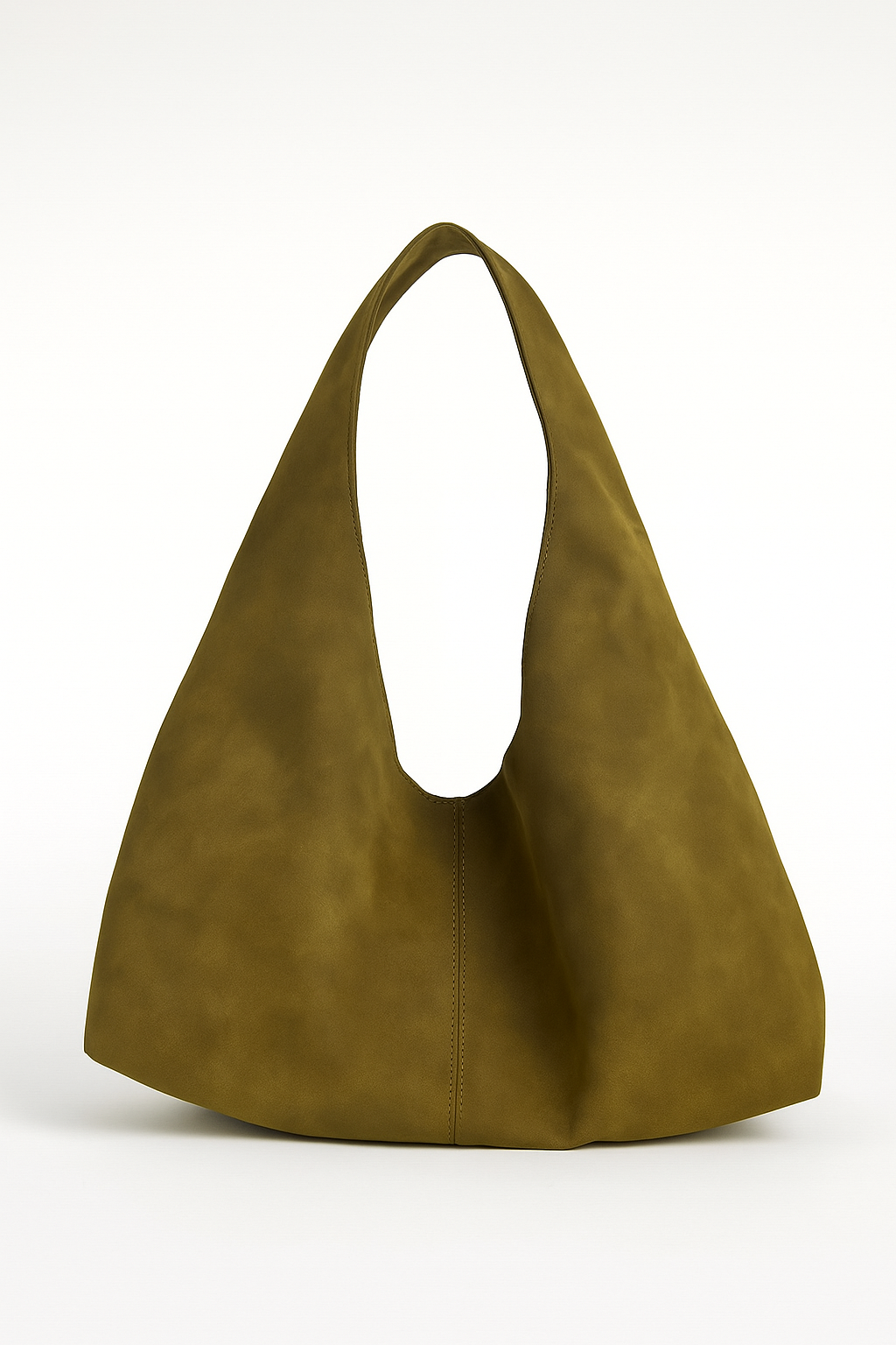 Suede Green slouchy handbag on a white background