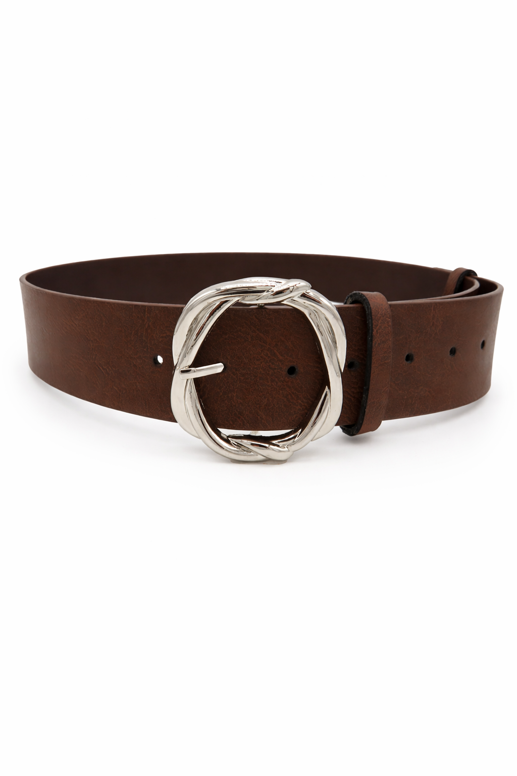 Woman's Wide Brown Belt with Twisted Buckle in Brown and Silver