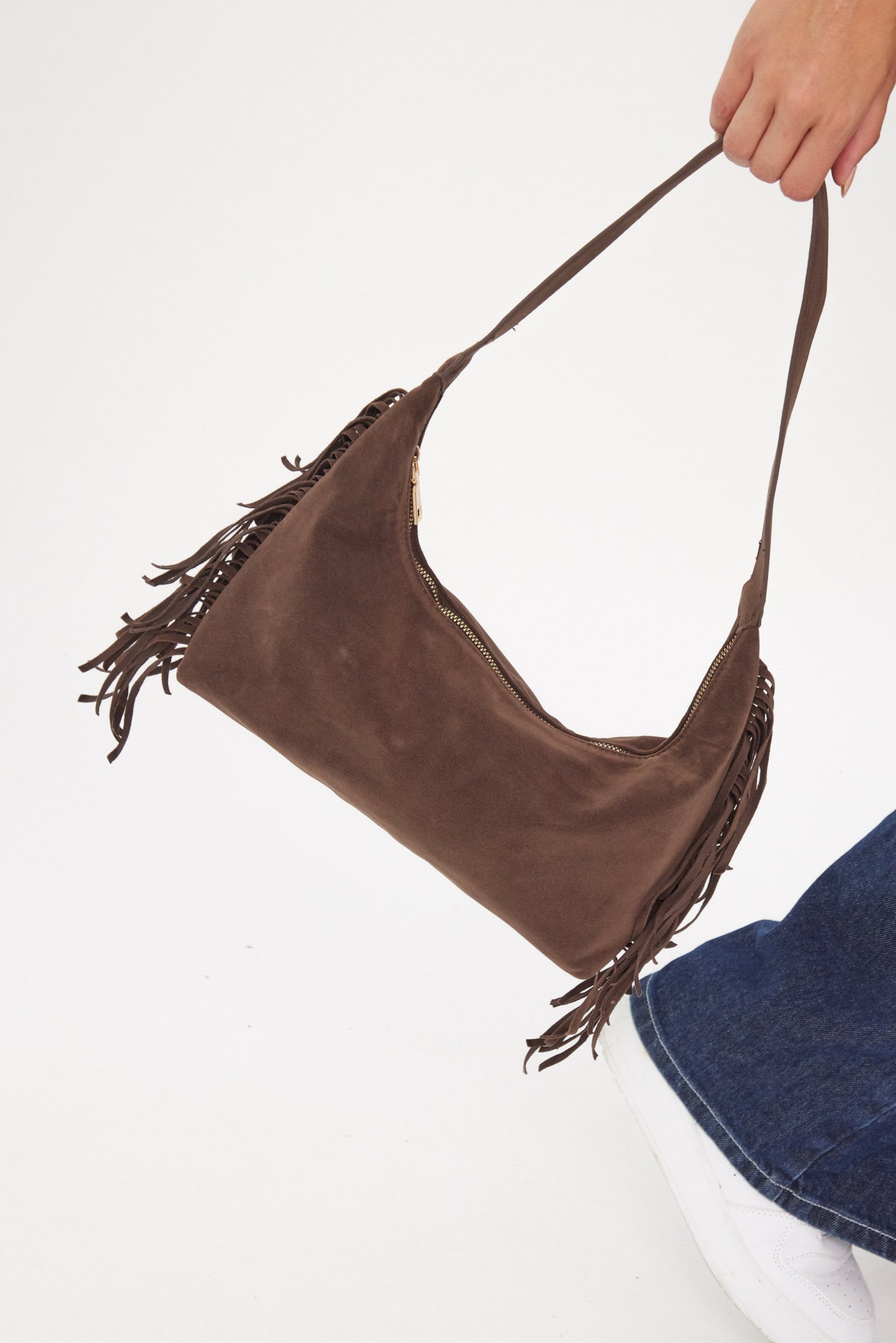 Women's Brown suede handbag with fringe 