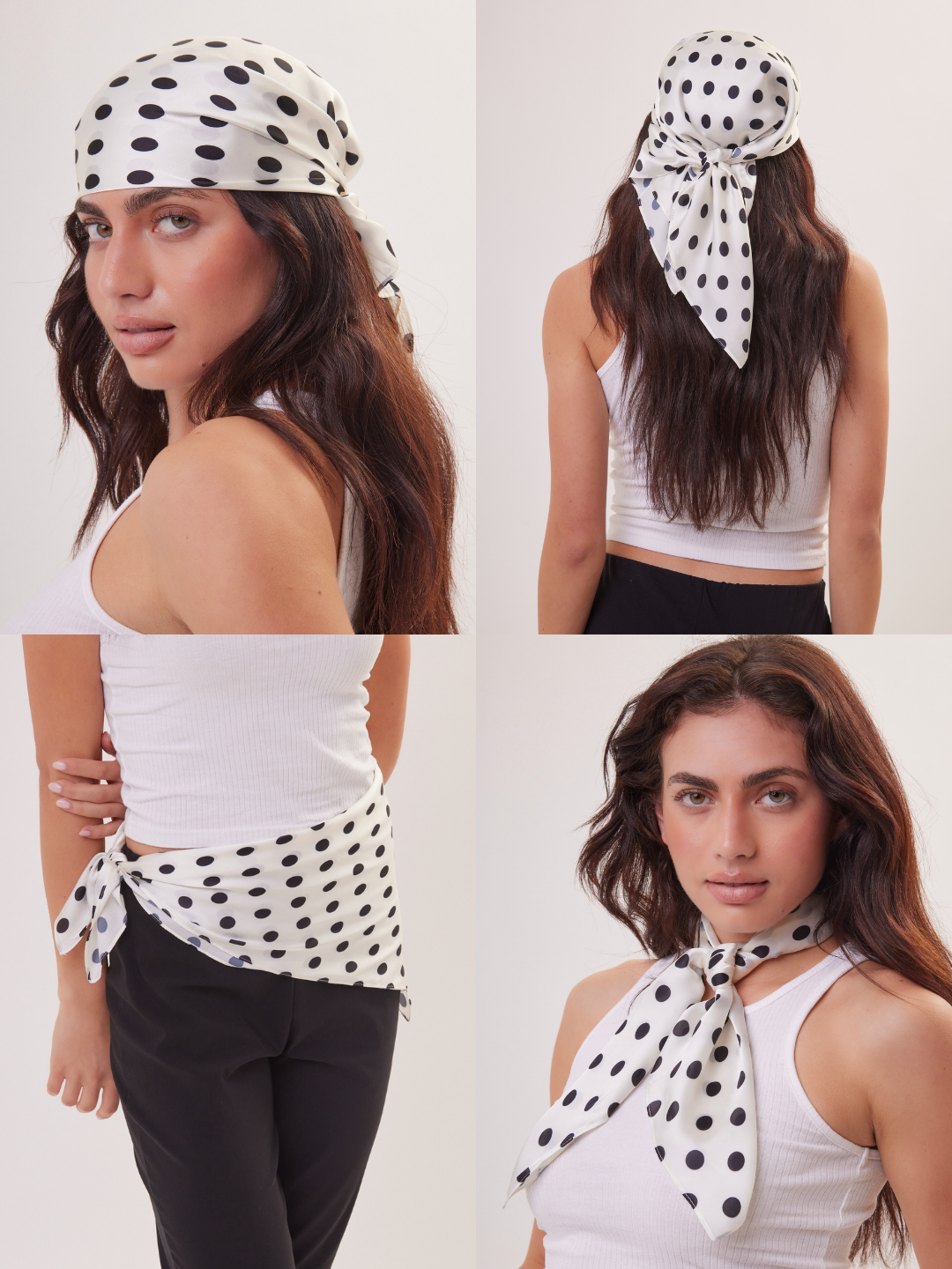 Woman wearing a polka dot headscarf bandana and scarf, posing against a white background.