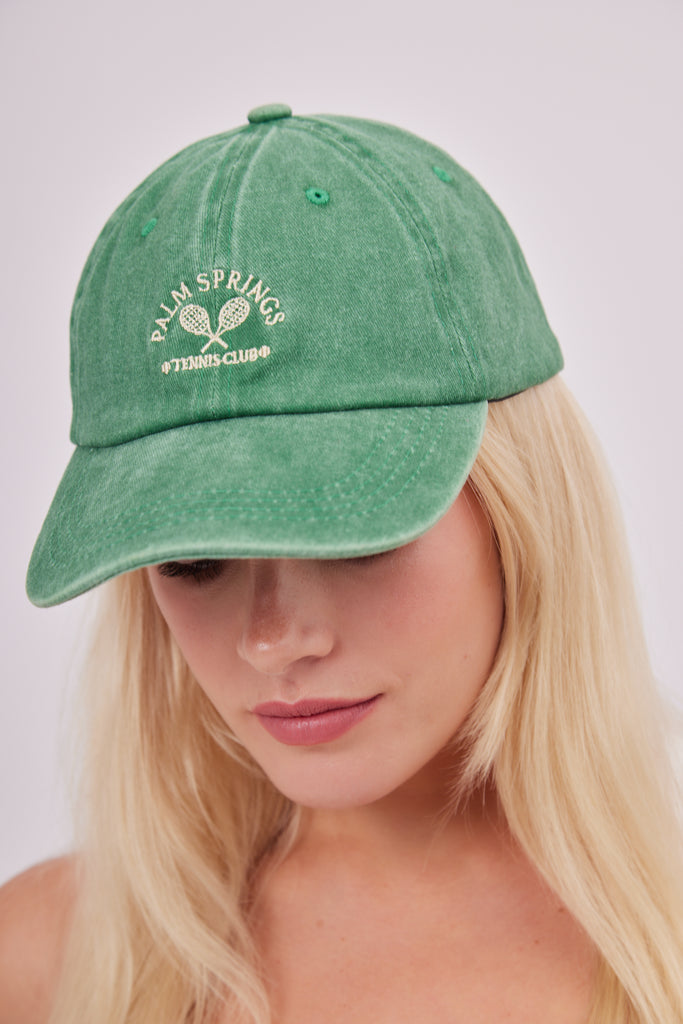 My Accessories London Palm Springs Tennis Club Hat in Washed Green | Athleisure | Sporty | cap | hat | hats | washed | Women's | Women's Accessories | Graphic | Embroidered