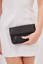 Satin Roll Top Clutch Bag in Black | occasion | occasion bag | occasion accessories | wedding accessories | wedding guest accessories | races bag | party bag | going out bag | women's clutch bag | women's bags | satin clutch | 