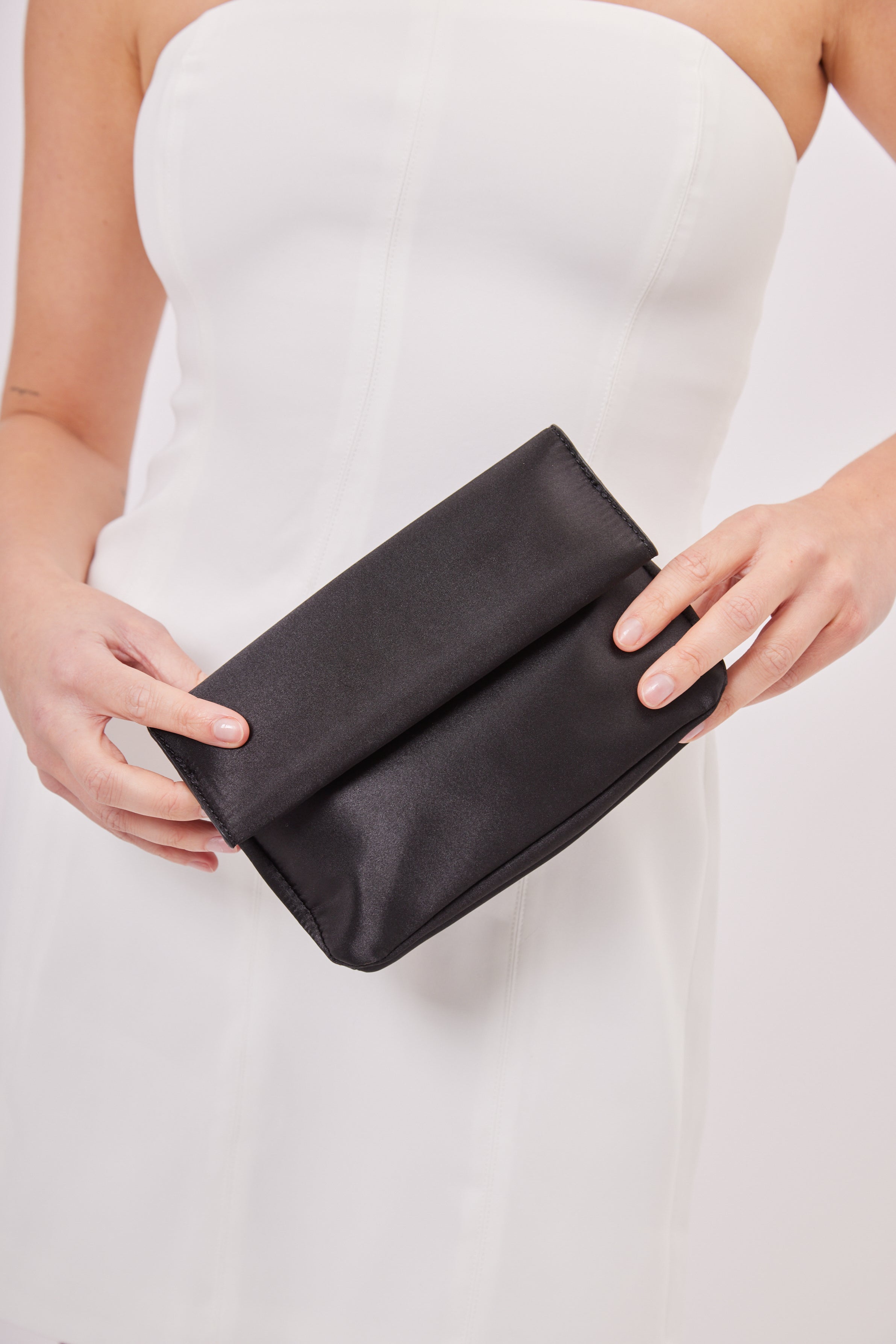 Satin Roll Top Clutch Bag in Black | occasion | occasion bag | occasion accessories | wedding accessories | wedding guest accessories | races bag | party bag | going out bag | women's clutch bag | women's bags | satin clutch |