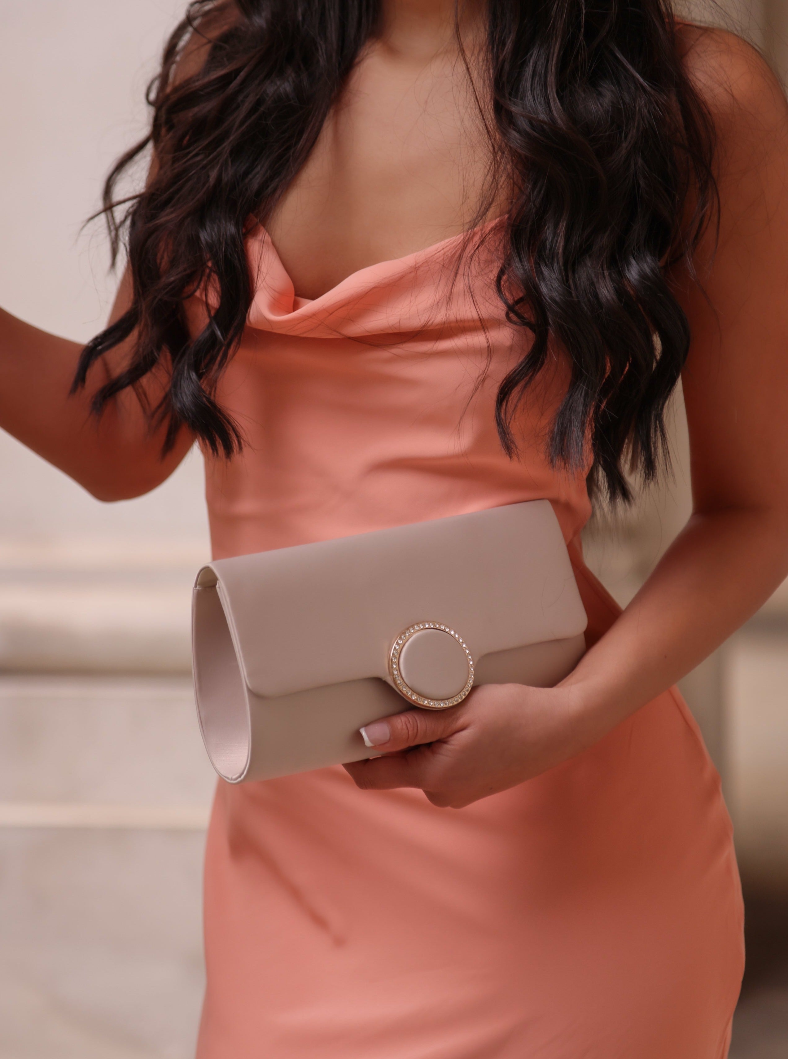 Satin Clutch with Diamante in Champagne | Occasion | Bag | Wedding guest | Wedding | Races | Clutch Bag | Women's Accessories | Women | Date | Races | Old Money | Event | Evening Bag | Evening Accessories 