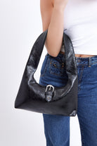 Distressed Tapered Shoulder Bag with Buckle in Black - Shoulder Bag - My Accessories London