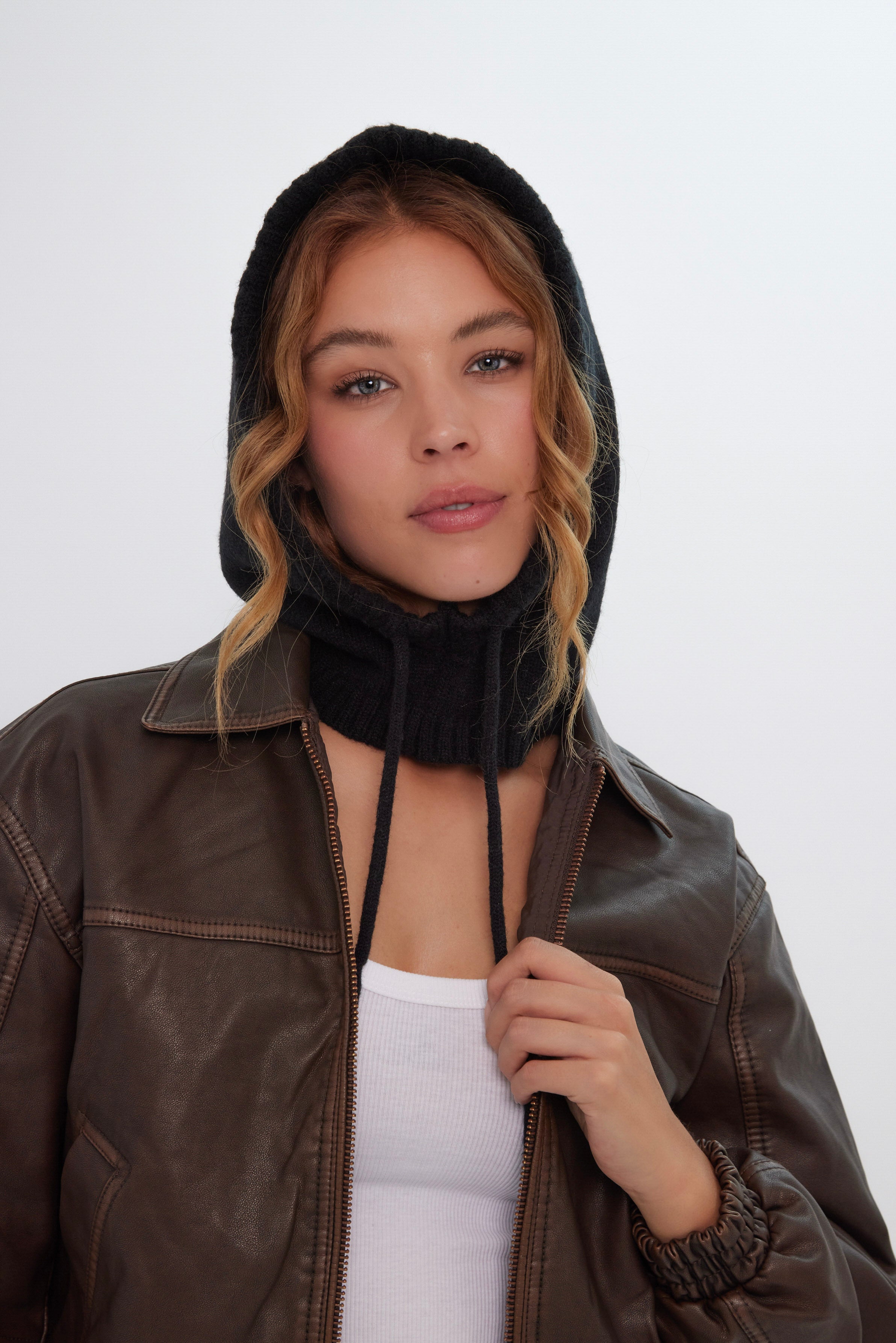 Drawstring Knitted Hood Balaclava in Black - Balaclavas - My Accessories London