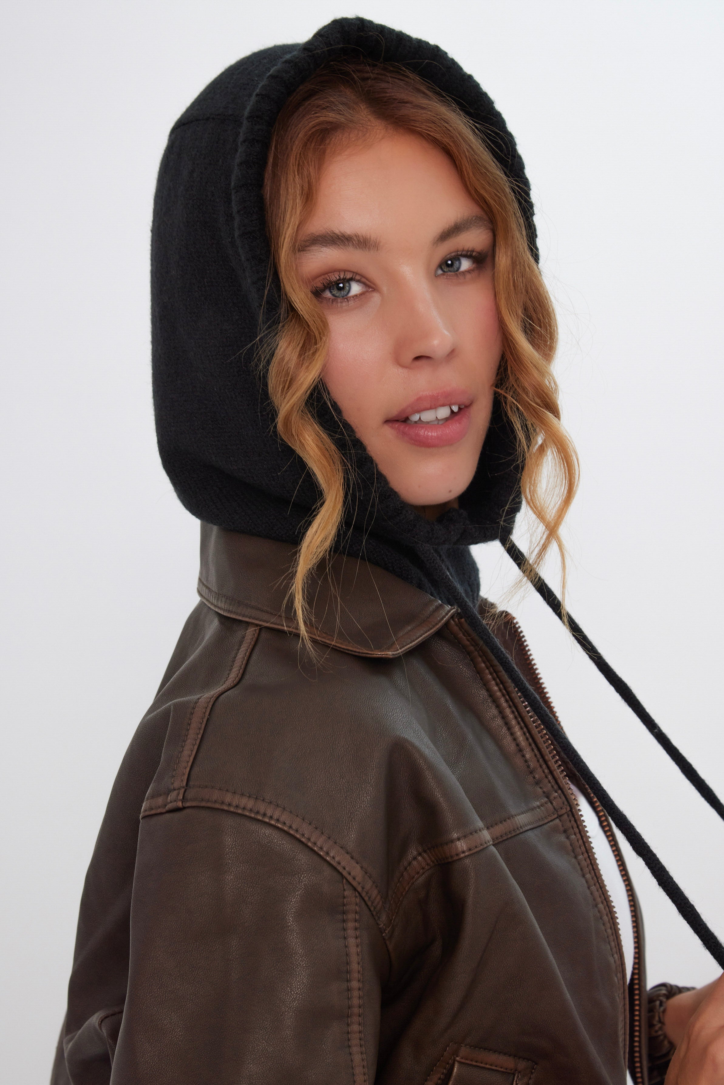 Drawstring Knitted Hood Balaclava in Black - Balaclavas - My Accessories London